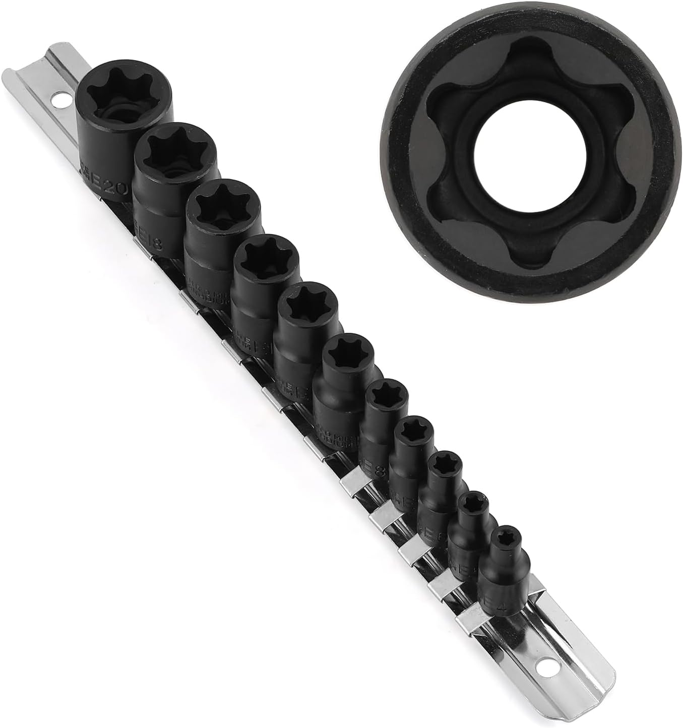 CASOMAN 11PCS Female Torx Socket Set, E Torx & Star Socket Set with Rail, E4 - E20 Torque Sockets image number 4