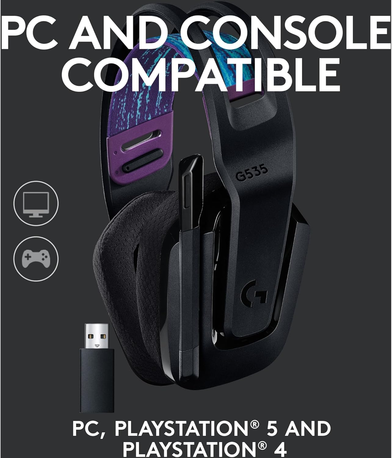 Logitech G G535 Lightspeed Wireless Gaming Headset - Lightweight On-Ear Headphones, Flip to Mute Mic, Stereo, Compatible with PC, PS4, PS5, USB Rechargeable - Black image number 3