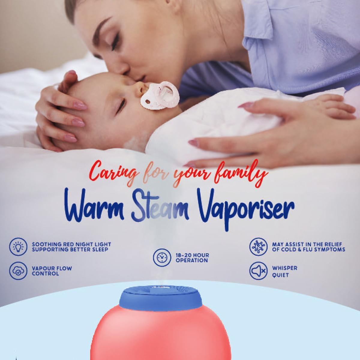 Warm Steam Vaporiser &ndash; 3L Ultrasonic Humidifier for Cold & Allergy Relief, Adjustable Vapour Flow, Nightlight & Red Light Therapy, Ultra-Quiet, Auto Shut-Off, Safe for Babies image number 4