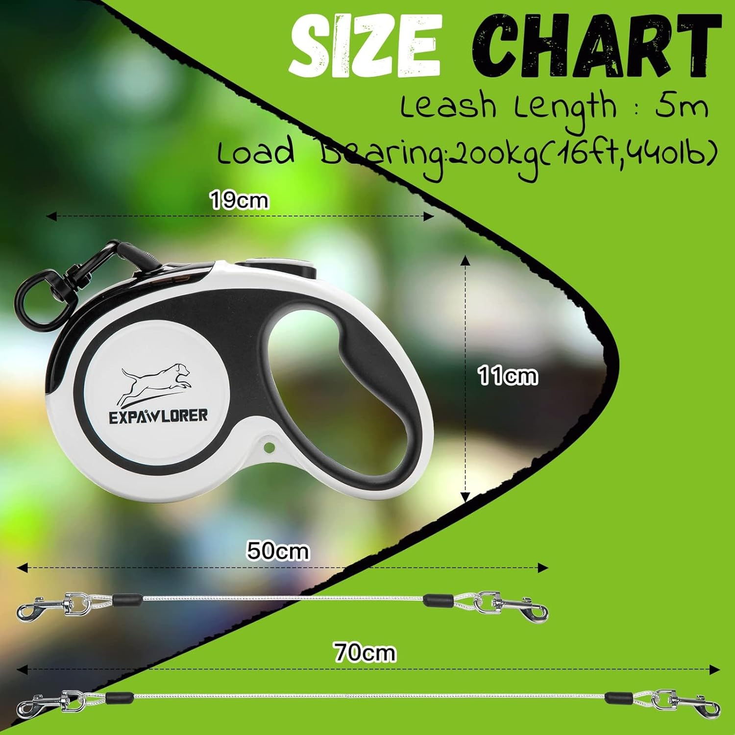 EXPAWLORER Retractable Double Dog Leash - Chew Proof, 2 No Tangle Strong Wire Ropes, 16 Ft Heavy Duty Walk Leash for Medium & Large Dogs (Black & White) image number 4