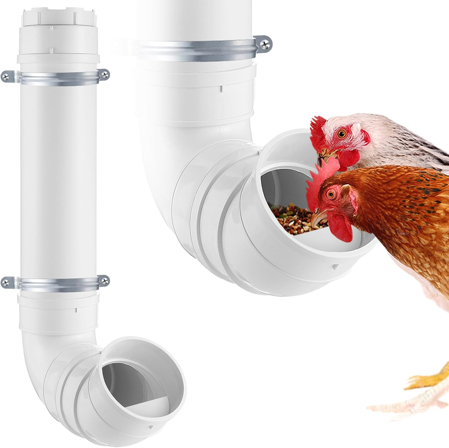 MEWTOGO Automatic Chicken Feeder No Waste - 6.6 Pounds Capacity Heavy Duty PVC Pipe Chicken Coop Feeder, Poultry Gravity Feed Port Used in Chicken Coop for Chicken Long Feeding