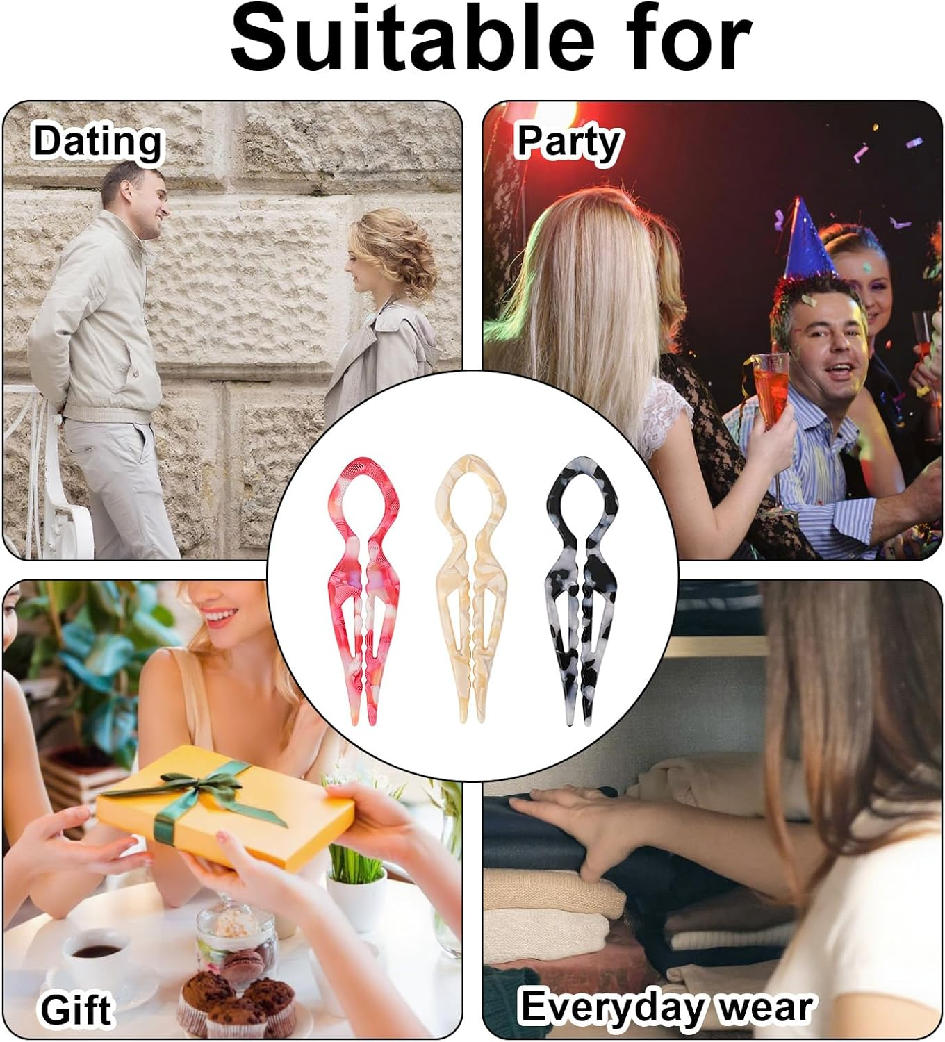 Fukaisu 3Pcs French Hair Pins for Women, Magic Acetate Hair Clips U-Shaped Hairpins for Women Buns Thick Fine Long Curls Styling Accessories White Elephant Present (3 Colors) image number 3