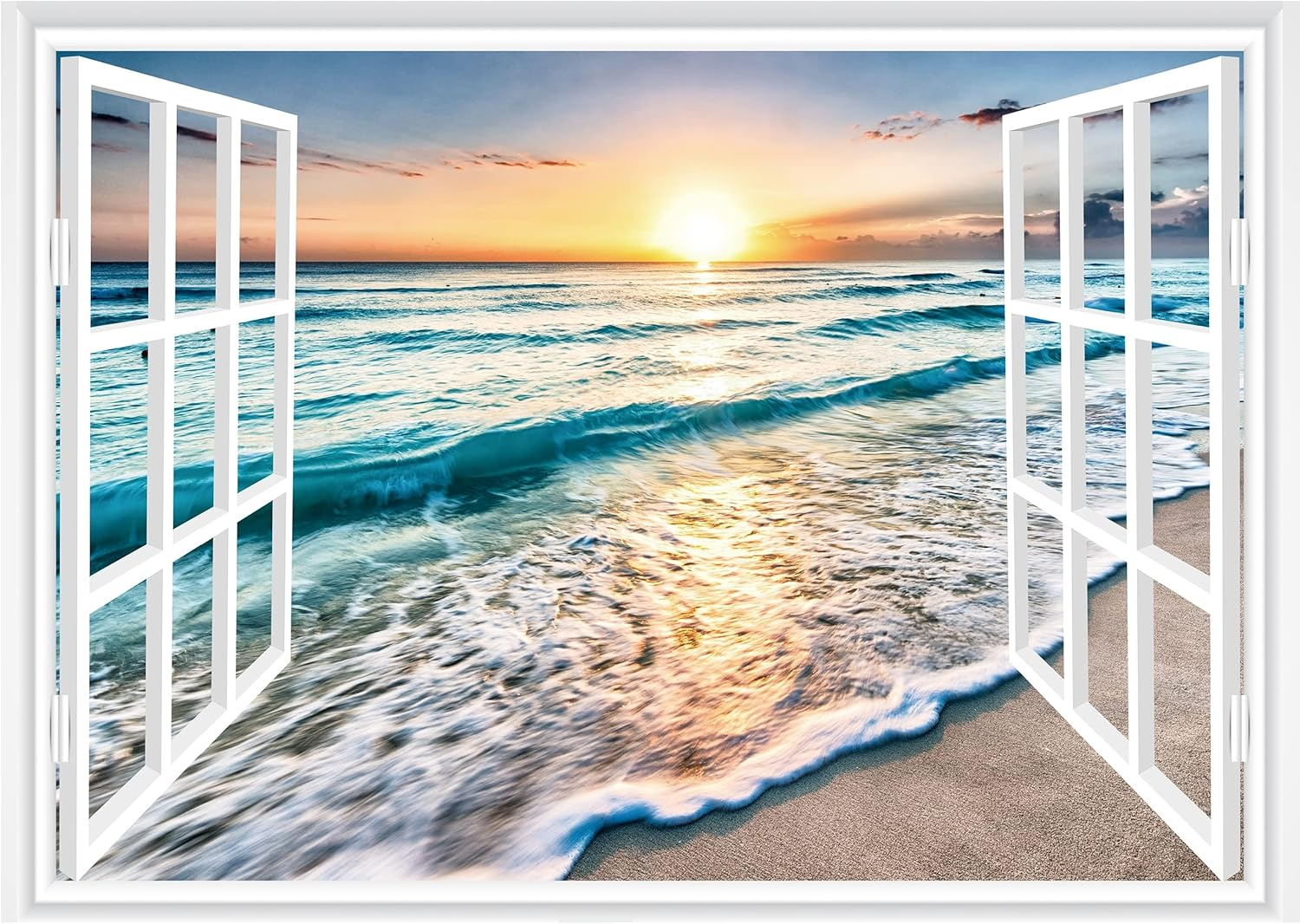 FLFK Fake Window Wall Sticker - Sunset Beach Faux Window Wall Mural for Wall Decor, Stick and Peel Wall Decals, 48"X32", Set of 2 Sheets