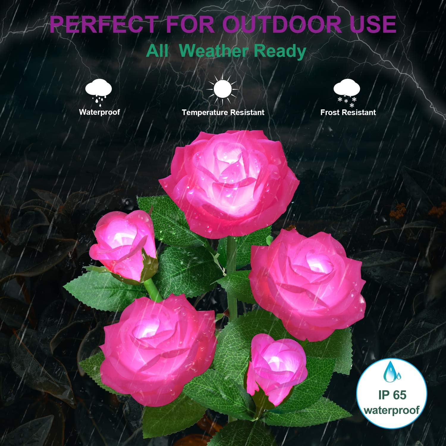Solar Flower Lights Outdoor - Upgraded New Material Two Modes Realistic LED Solar Powered Waterproof Lights with 5 Roses, Solar Decorative Stake Lights for Garden Patio Yard Pathway Lawn(Pink) image number 5