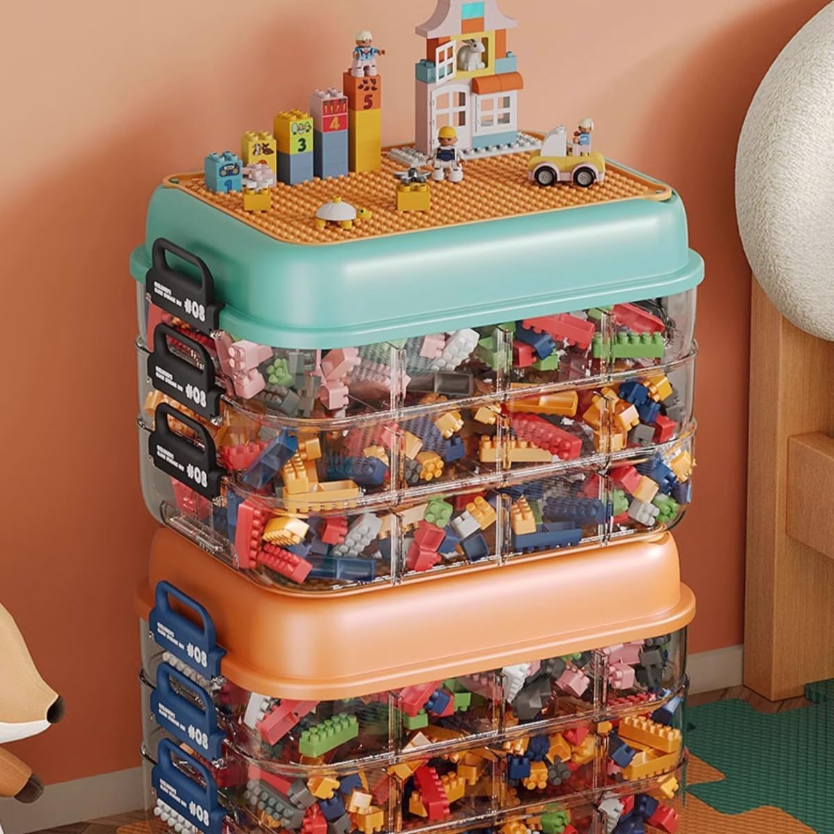 AIMALL Multi-Compartment Toy Storage Box with Small Parts Classification, Building Blocks Storage Box, Sorting Organizer with Large Capacity for Kids - Orange, Green - Orange image number 2