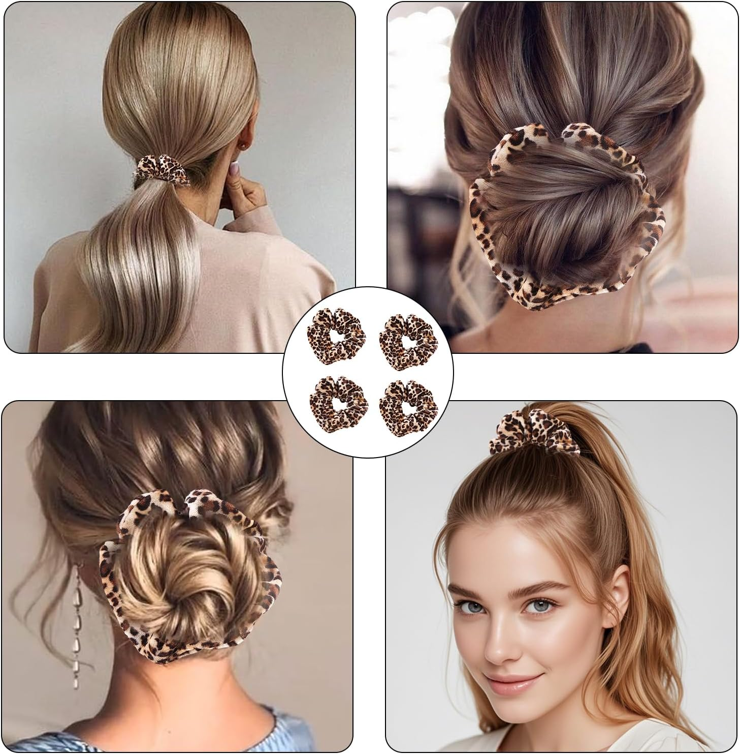 Pack of 4 Scrunchies Hair Bobbles with Leopard Pattern, Hair Thick Scrunchie Hair Band Elastic, Hair Bobbles Velvet Leopard, Elastic Hair Bands Ponytail, Leopard Hair Accessories for Women Girls image number 3