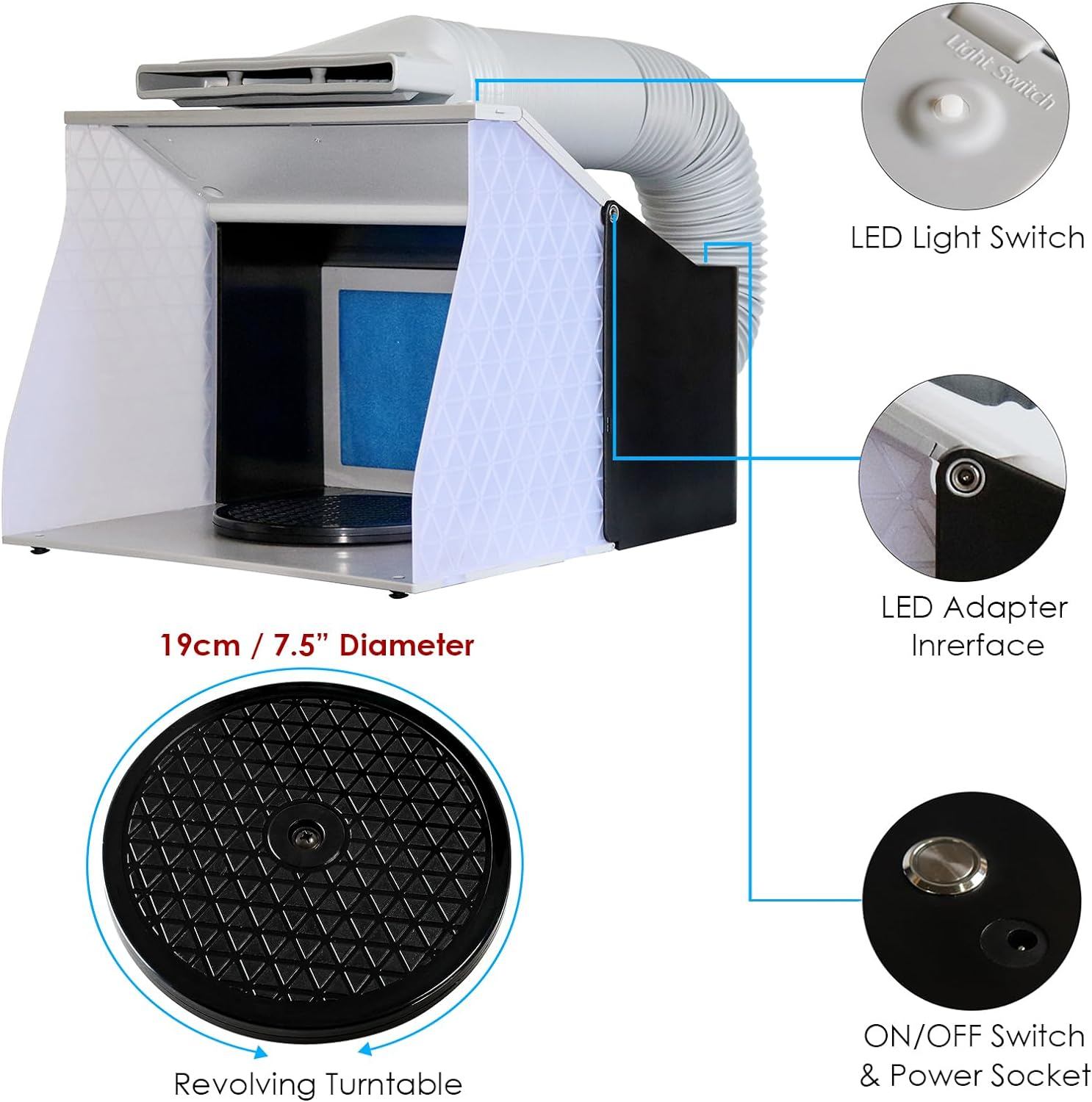 Voilamart Portable Spray Booth Kit, Airbrush Spray Booth Kit with 4 LED Lights, Powerful Dual Exhaust Fans, Spray Booth Filter, Turntable, 6 Ft Extension Hose for Painting Model Cake Crafts Arts image number 2