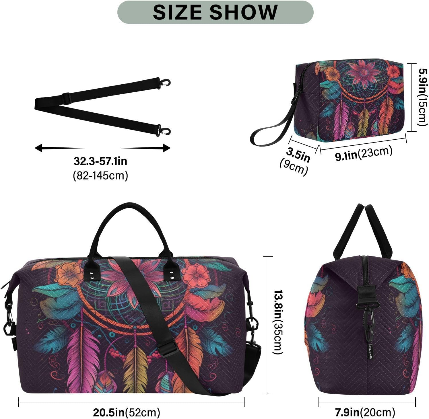 XYMZR Large Travel Duffel Bag, Dreamcatcher Colorful Feather Sports Tote Gym Bag, Shoulder Weekender Overnight Bag for Women Men, Carry on Luggage with Toiletry Bags, Multi-Colored, Multi-Colored image number 1