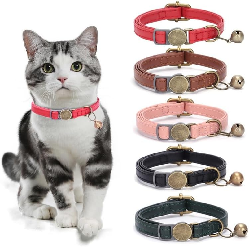 Leather Cat Collar with Bell Breakaway- Adjustable, Durable, Retro Bell Fit Most Cats and Kittens (Dark Green, 1.0 * 30CM) image number 1