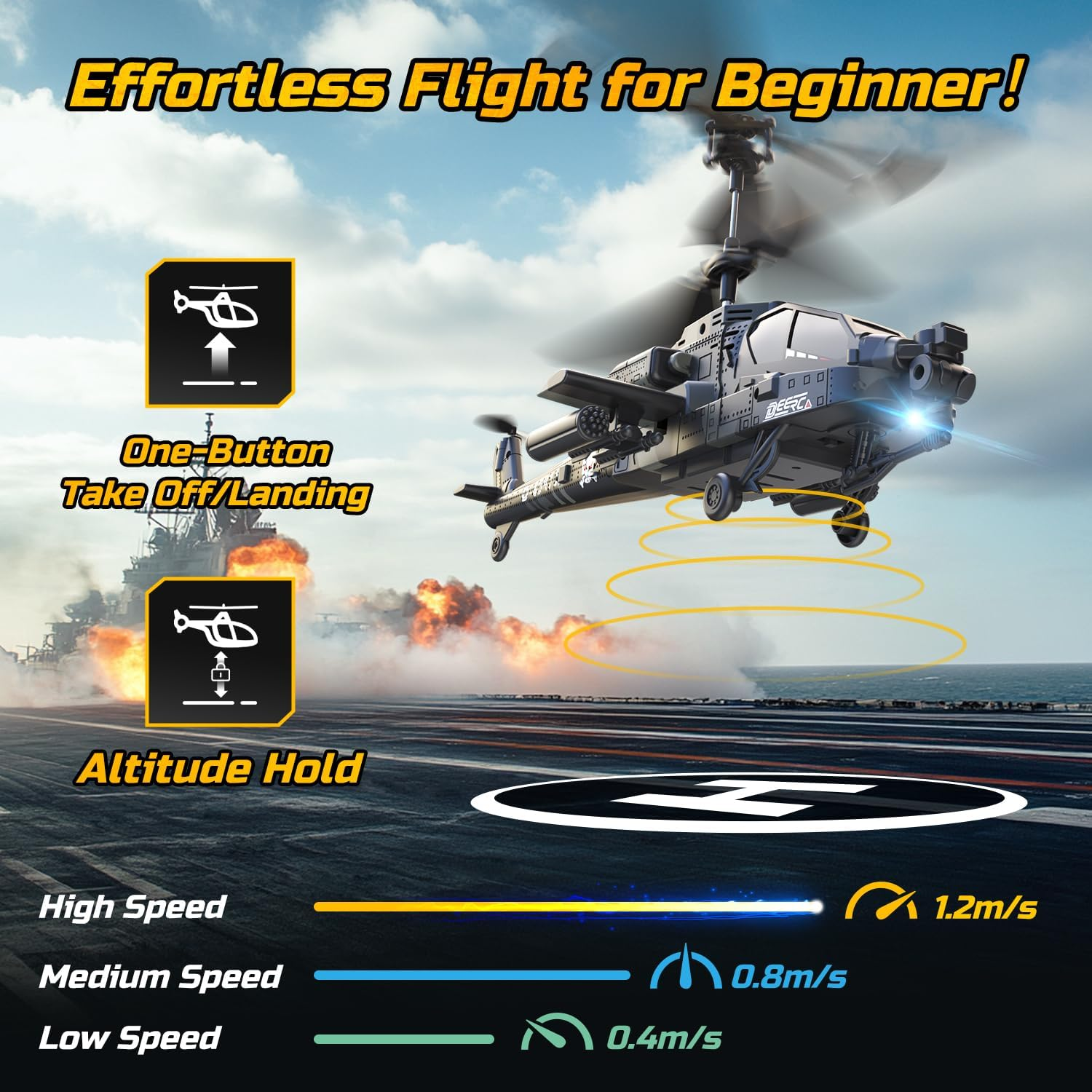 DEERC Apache RC Helicopter for Kids & Adults, Military Remote Control Helicopter Toy with LED Lights, 2 Batteries & USB-C Charging, 26 Mins Flight, Altitude Hold, Suitable for Boys Ages 8-12 image number 6