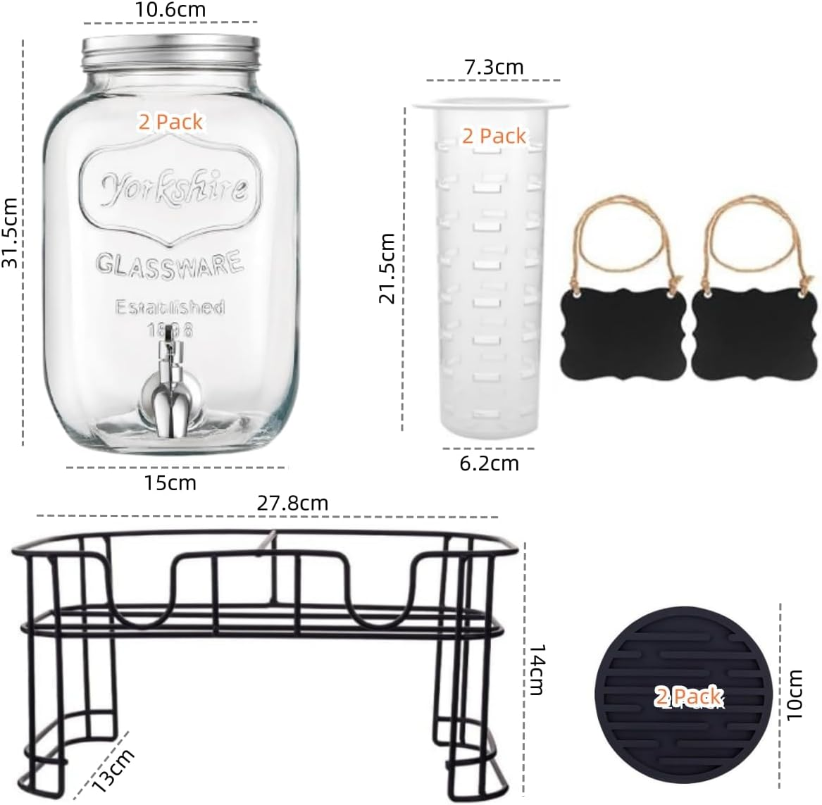 9SHOME 1 Gallon Glass Drink Dispenser with Stand, 2 Pack Beverage Dispenser with Fruit Infuser, Water Juice Lemonade Dispensers with Stainless Steel Spigot & Silicone Coaster for Parties image number 5