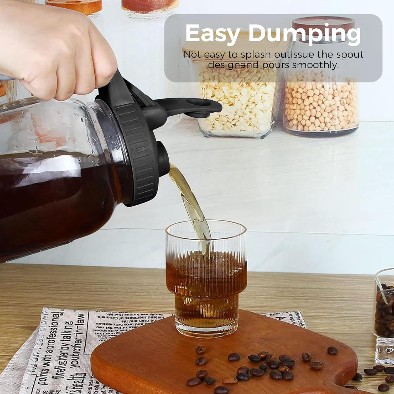 XURUIAU 32 Ounce Glass Mason Jar Water Bottle with Spout Handle Leak Proof Silicone Seal Ideal for Cold Brew Coffee Milk Juice Lemonade Breast Milk Storage and Other Beverages，Black