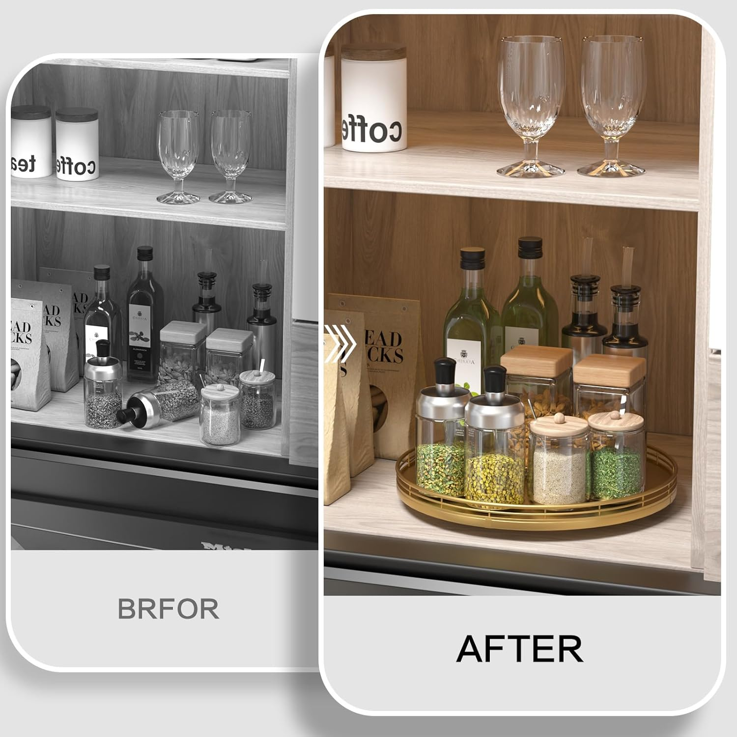 13" Gold Lazy Susan for Table Top, Oak Wood Lazy Susan Turntable Organizer for Dining Coffee Table Centerpiece Bar Decor Kitchen Countertop Bathroom Vanity Decorative Tray for Perfume Jewelry Round image number 3