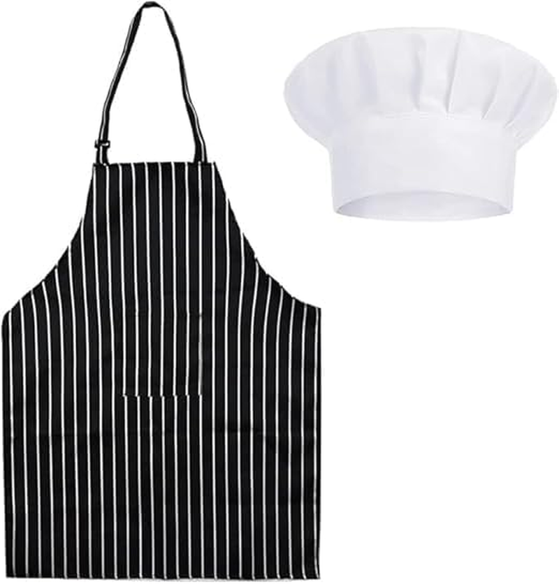 Apron and Chef Hat Set, Chef Outfit Adult, Adjustable Bib Apron Anti-Fouling with Pockets Black and White Striped Halter Apron for Unisex Suitable for Home Kitchen, Gardening, Cafes House image number 1