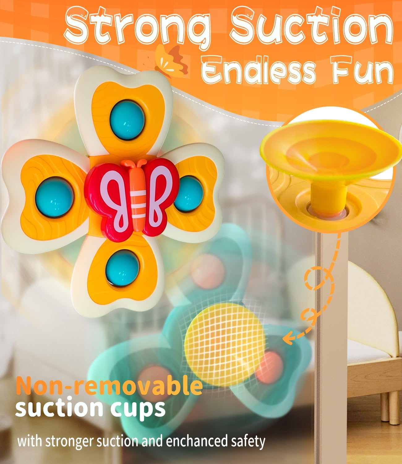 Wukon Suction Cup Spinners Baby Toys - 3PCS Spinner Sensory Toy for Toddlers 1 2 3 Year Old Boy Girl Birthday Gift, Fidget Rotating Bathtub Bath Toys Travel Table & Early Education Toys for 6+ Month image number 4