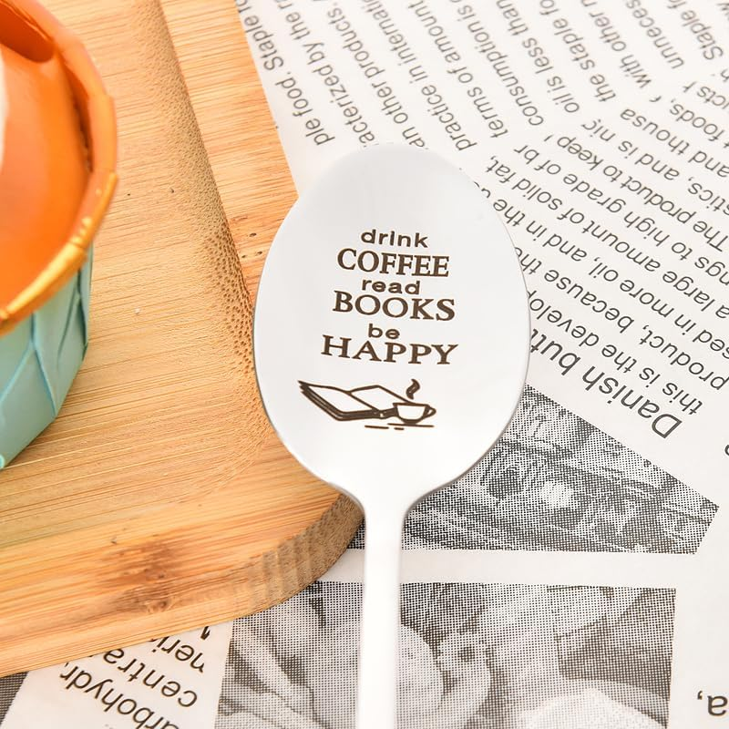 Coffee Reading Gifts for Women Men Coffee Lover Gifts Spoon Birthday Gifts for Reader Bookworm Book Lovers Gifts for Student Teacher Drink Coffee Read Books Be Happy Spoons image number 4