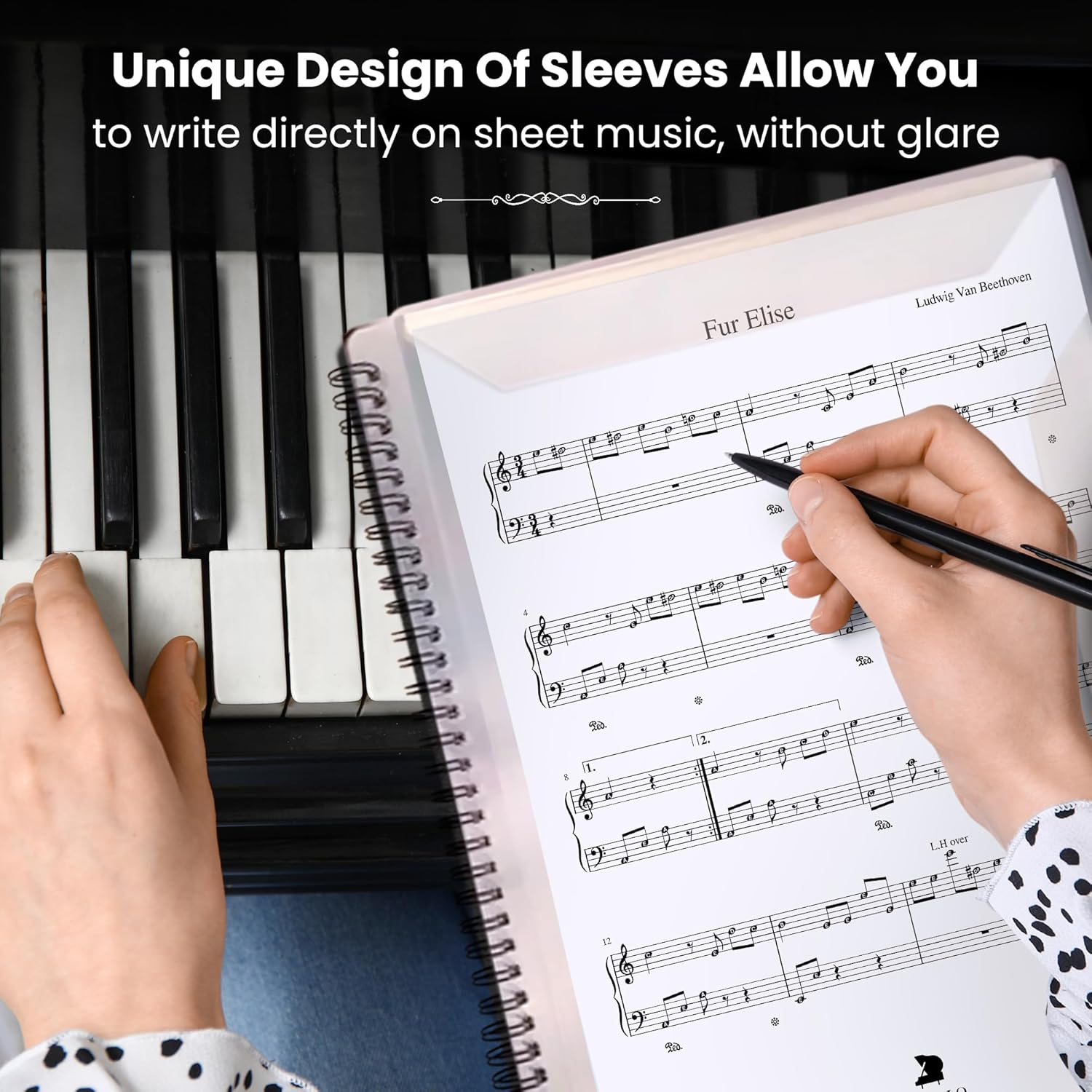 Pianoglory A4 Music Folder Value Pack with Divider Tabs, Pencil Holder, 40 Pages, Black with Gold Grand Piano Design