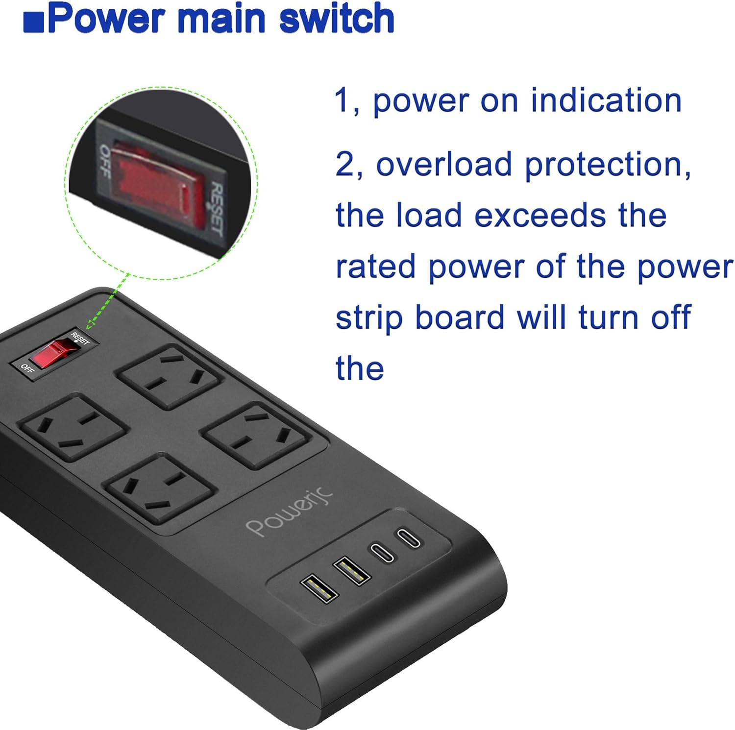 Powerjc Surge Protector Power Board 4 Socket Widely Outlets with 4 USB Ports(2 USB C), Power Strip with 2M Extension Cord image number 3