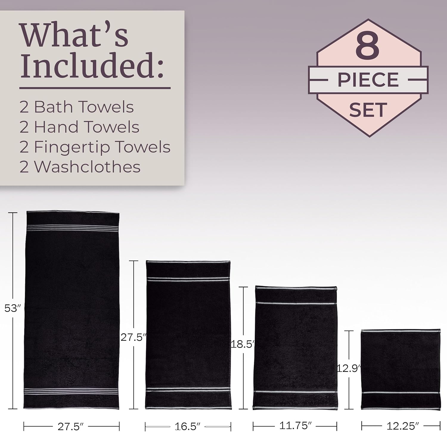 Lavish Home Rio 8 Piece 100% Cotton Towel Set - Black, Medium image number 2