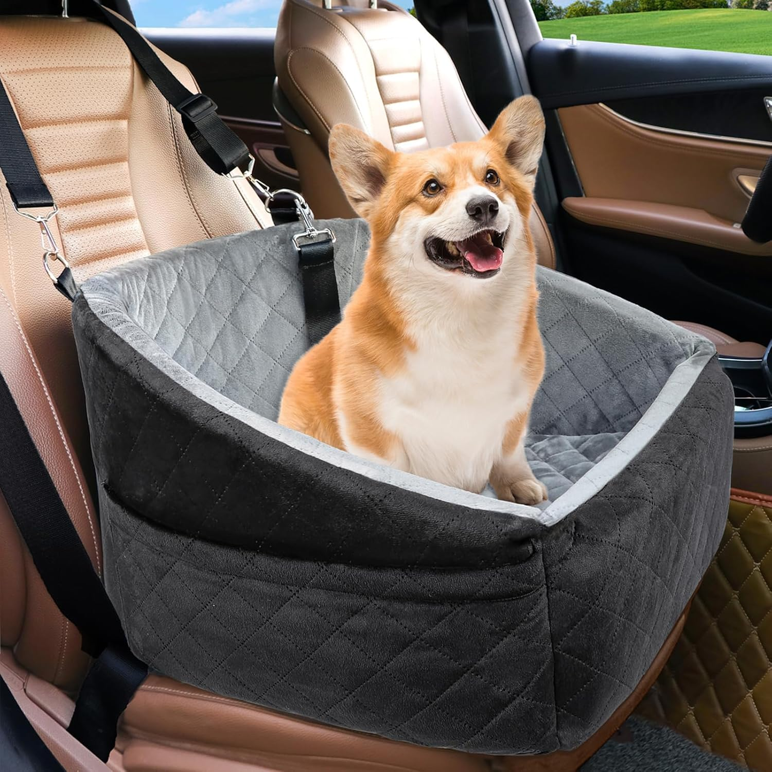 Dog Car Seat for Small Dogs,Detachable Washable Dog Booster Seat under 30Lbs, Pet Car Seat Travel Bed with Storage Pockets and Dog Safety Belt (Black&Gray, Small) image number 3