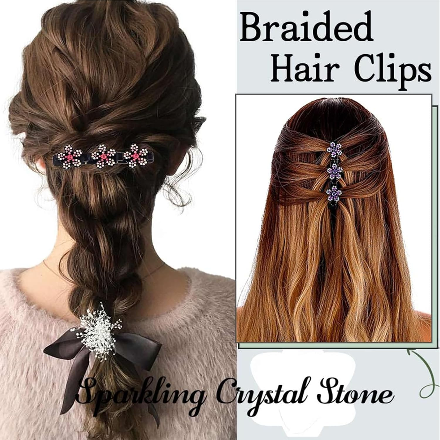 Sparkling Crystal Stone Braided Hair Clips, New Satin Fabric Hair Bands Rhinestone Four-Leaf Clover Hair Clip for Styling, Braided Hair Clips for Women and Girls (Colorful, Standard) image number 5