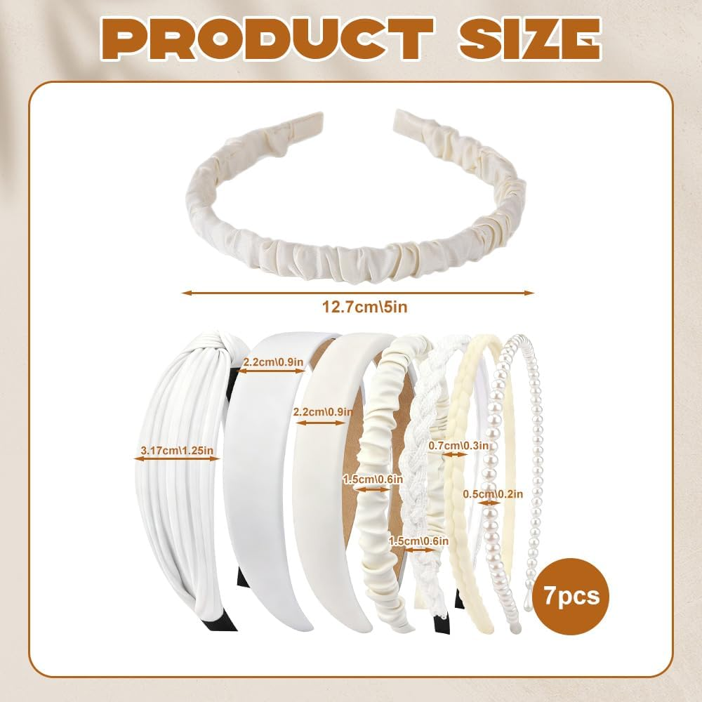7 Piece Headband Set for Women, Pearl Headbands, Non-Slip Hair Bands, Padded Hair Accessories for Women and Girls, Versatile Headbands for Everyday Use, Pearl Headband Set (White, One Size)