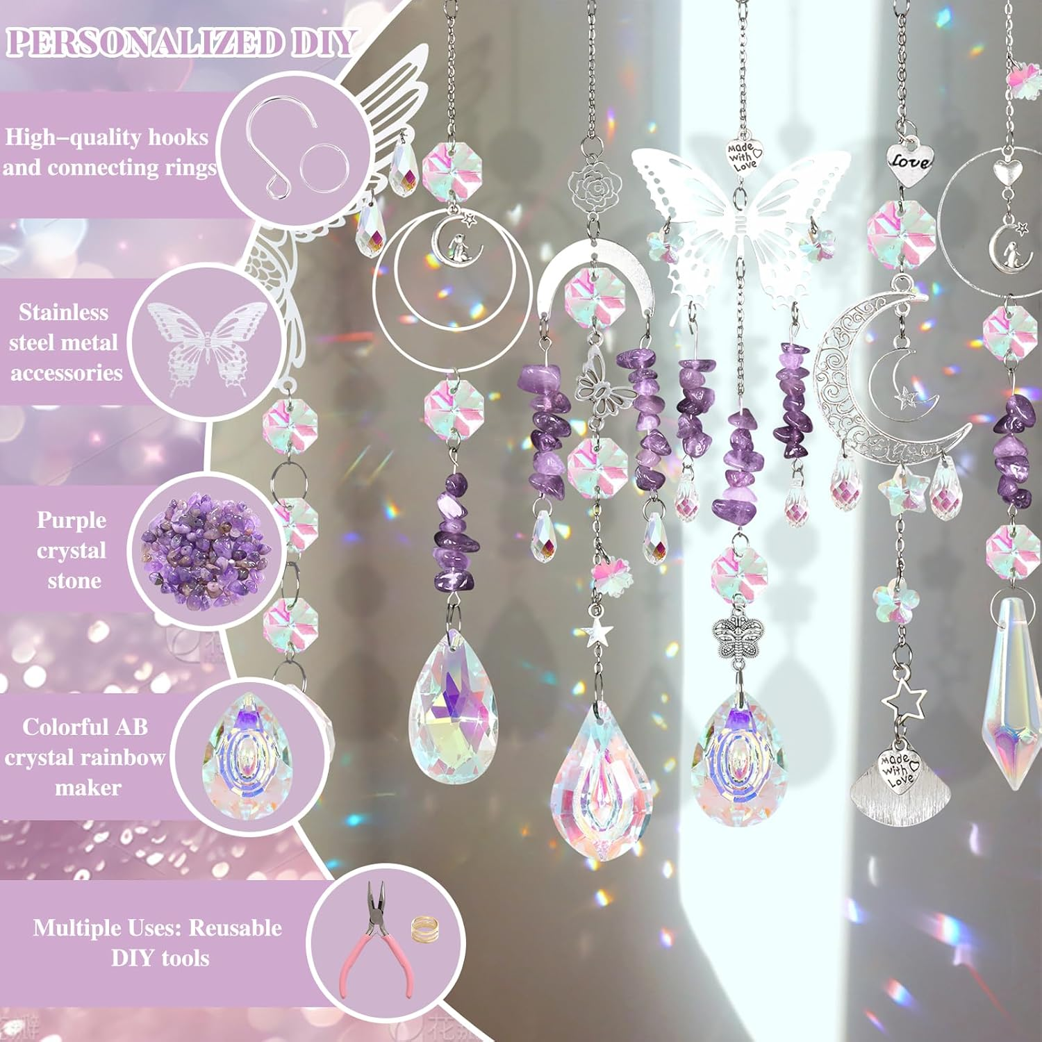 ASTNIC 400Pcs Crystal Suncatchers Making Kits,Diy Sun Catchers Making Supplies Kit Silver Butterfly Hummingbird Hanging Prism Ornament Crystal Ball Rainbow Maker for Window Home Garden Christmas Decor image number 1