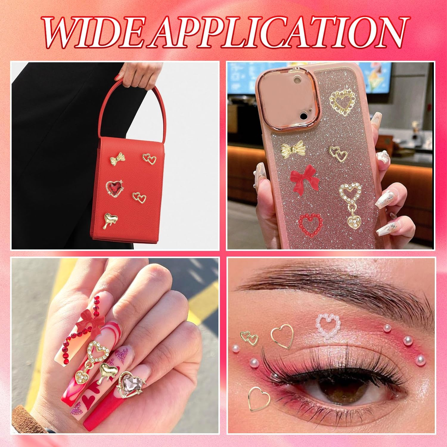 Cynailli 12Pcs 3D Valentine Gold Heart Nail Charms & Gems, Gold Alloy with Red Heart Rhinestones, Pink Heart with Bow Nail Art Supplies image number 1