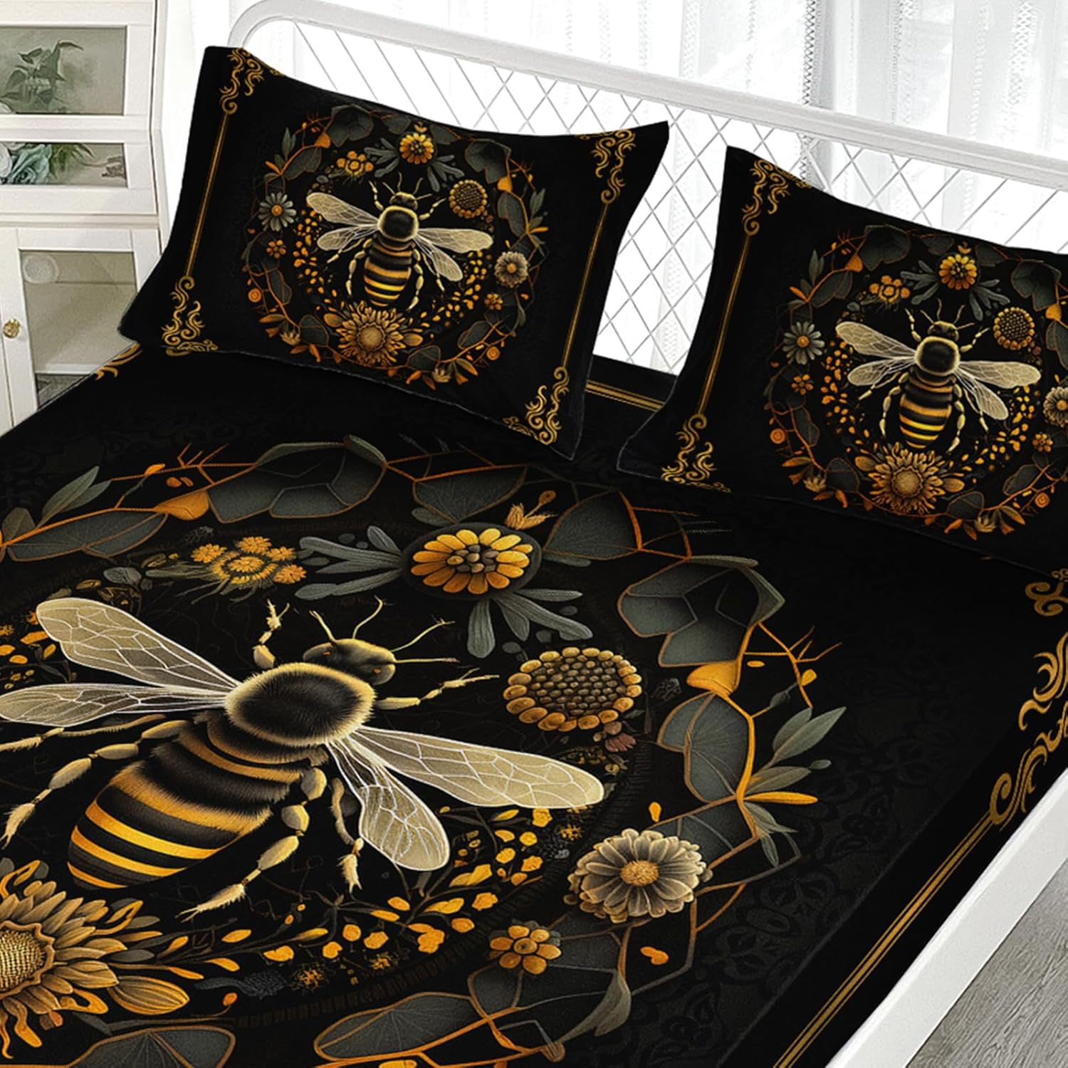 AILONEN Bohemian Bee Fitted Sheet Set Full Size,Black and Gold Luxury Bedding Set for Kids Teens Girls,3-Piece Boho Sunflower Floral Bed Sheet with 2 Pillowcases image number 4