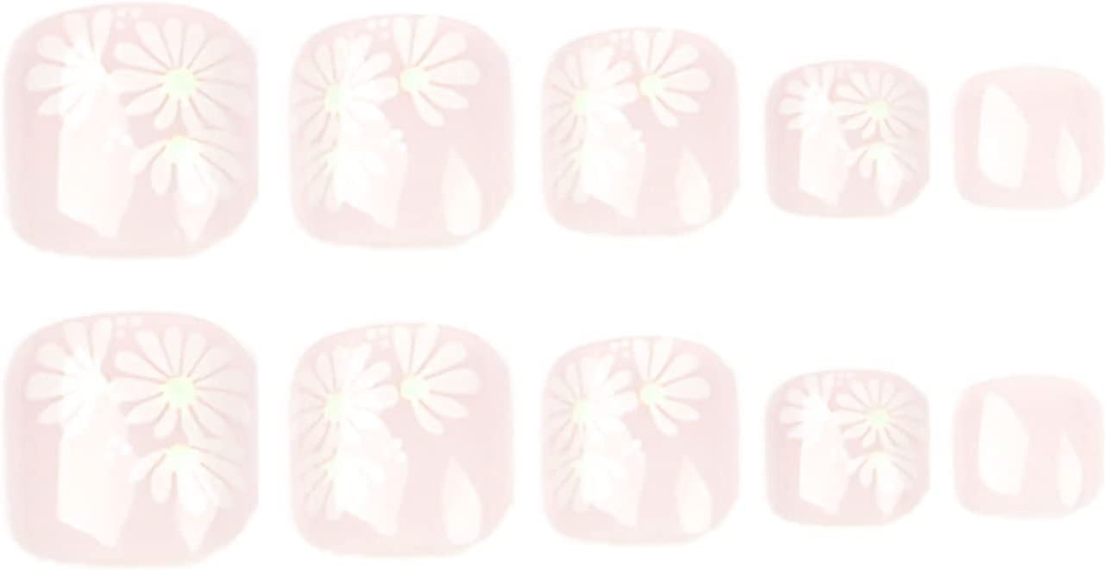 24PCS Florry White Fake Toe Nails Solid Color Press on Toenails with Flower Square Matte Acrylic False Toe Nails for Women and Girls