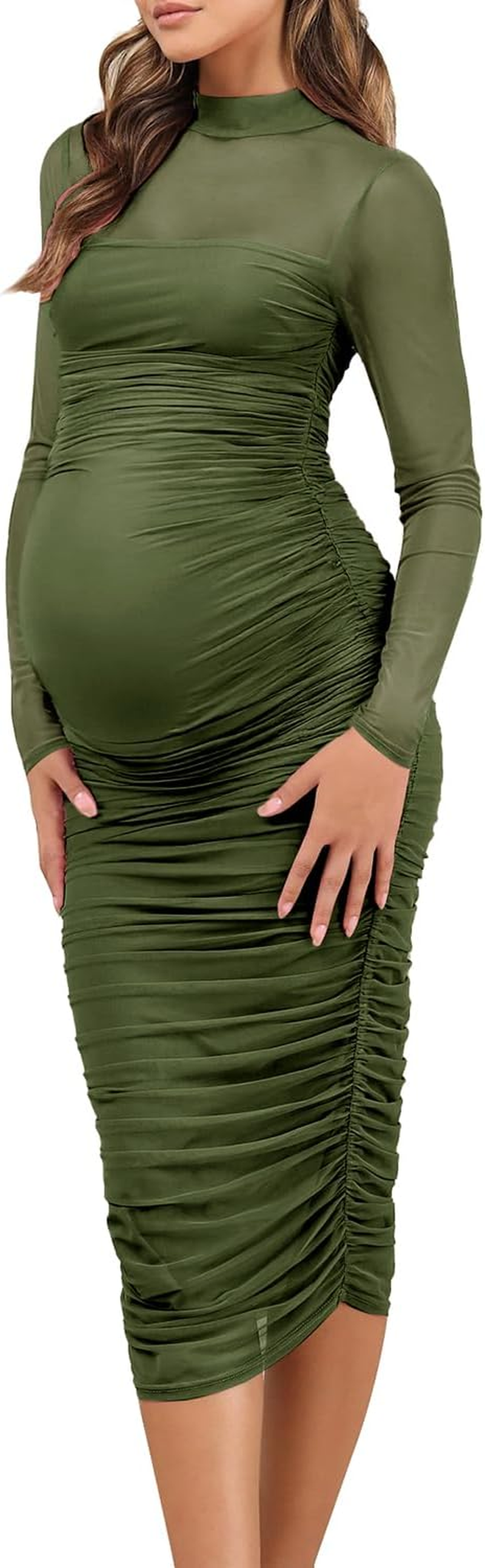 Dedysler Maternity Mesh Bodycon Dress for Wedding Guest Sexy Mock Neck Baby Shower Long Sleeve Pregnancy Clothes with Zipper
