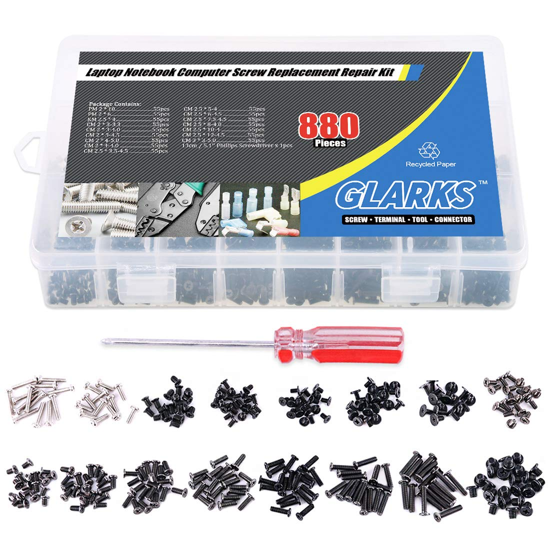 Glarks 880Pcs Laptop Notebook Computer Screw Replacement Repair Kit for Lenovo Dell Toshiba Sony Samsung HP Gateway (Extra: Phillips Screwdriver) image number 3
