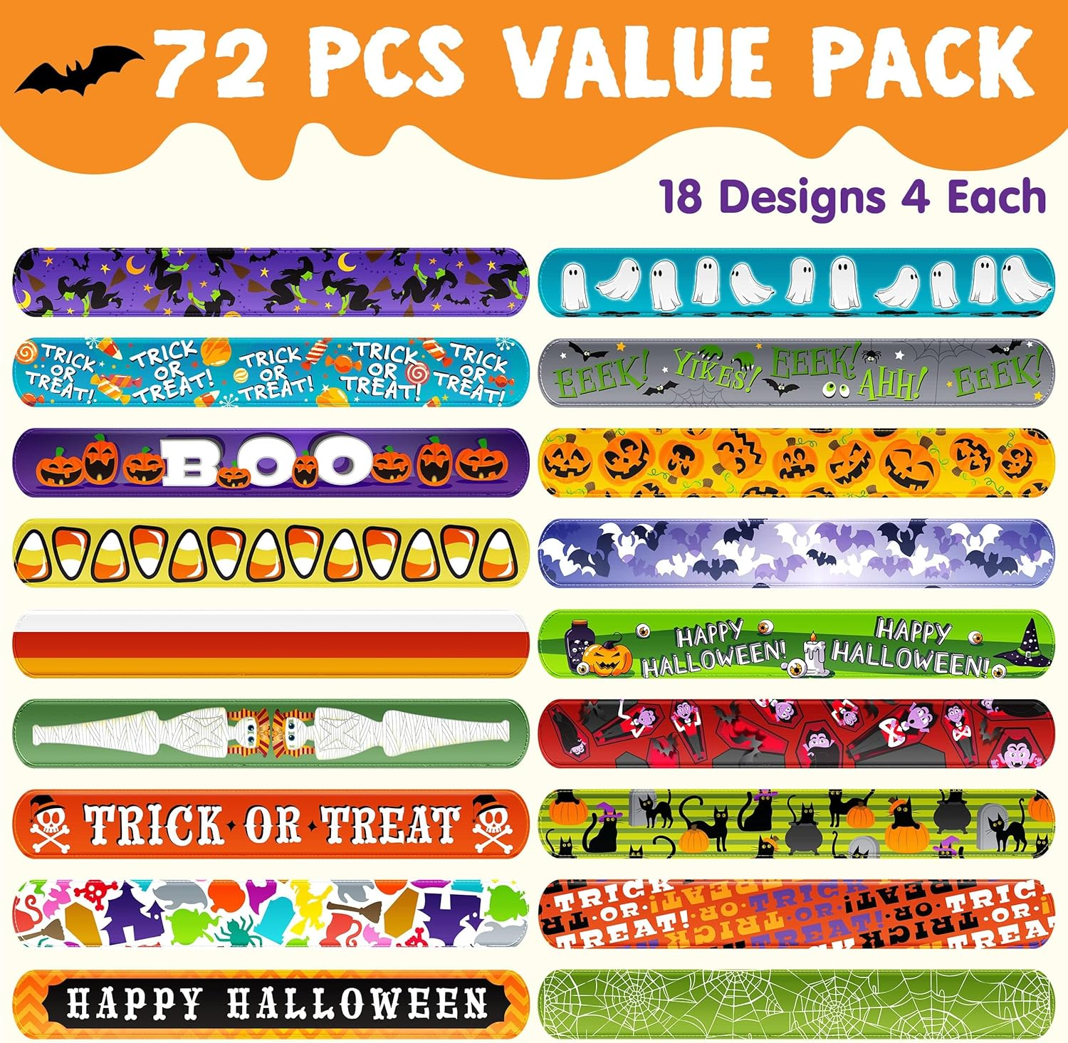 JOYIN 72 PCS Halloween Slap Bracelets for Kids, Party Bulk for Girls Boys Gifts, Friendship Snap Bracelet for Halloween Party Favors Goodie Bag Fillers, Classroom Favors