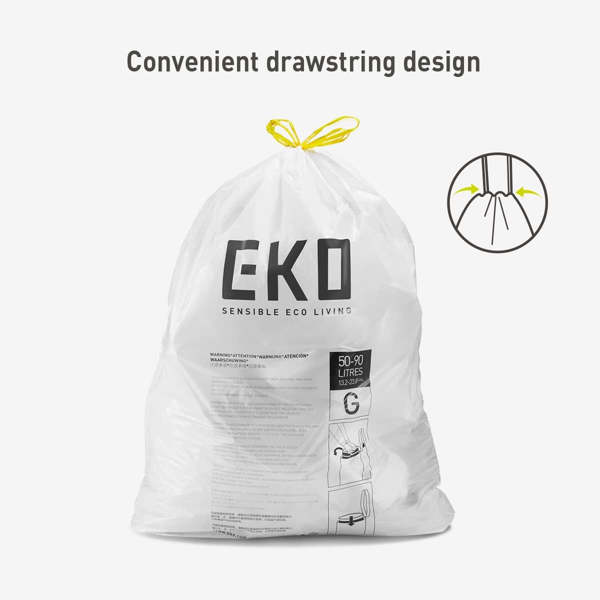 EKO 50&ndash;90L Drawstring Rubbish Bags, 60-Pack Easy-Dispense Roll, Extra-Strong & Leak-Resistant Bin Liners, 21 Gallon, White &ndash; Heavy Duty Kitchen & Household Bags, Code G image number 5
