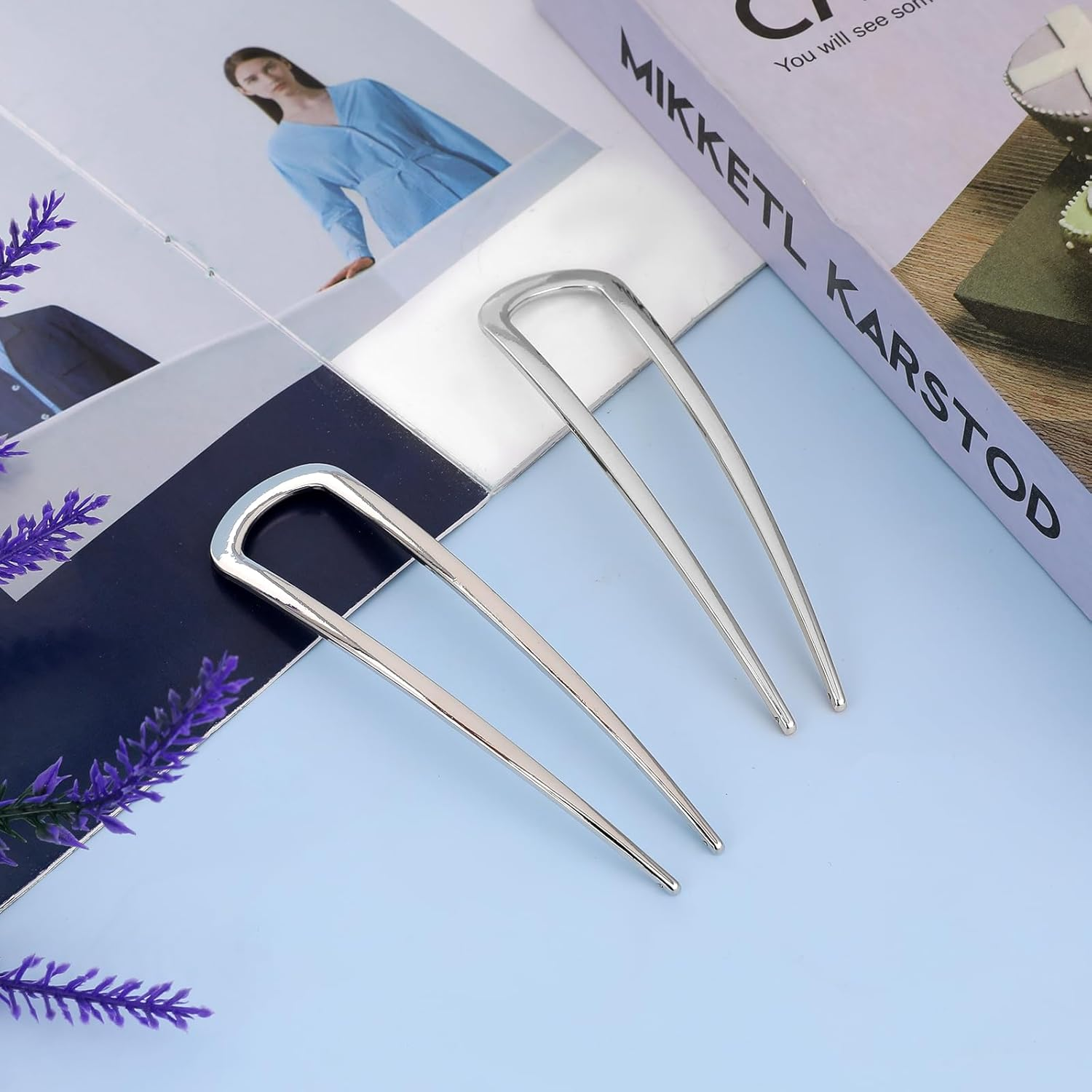 2Pcs French Pins French Hair Pin, U Shaped Hair Twist Pins for Thick Hair, French Hair Sticks Fork for Women, Bun Pins for Hair Chignon Hair Pin Tool for Girls Hair Types Styling Accessories (Silver) - Silver image number 4