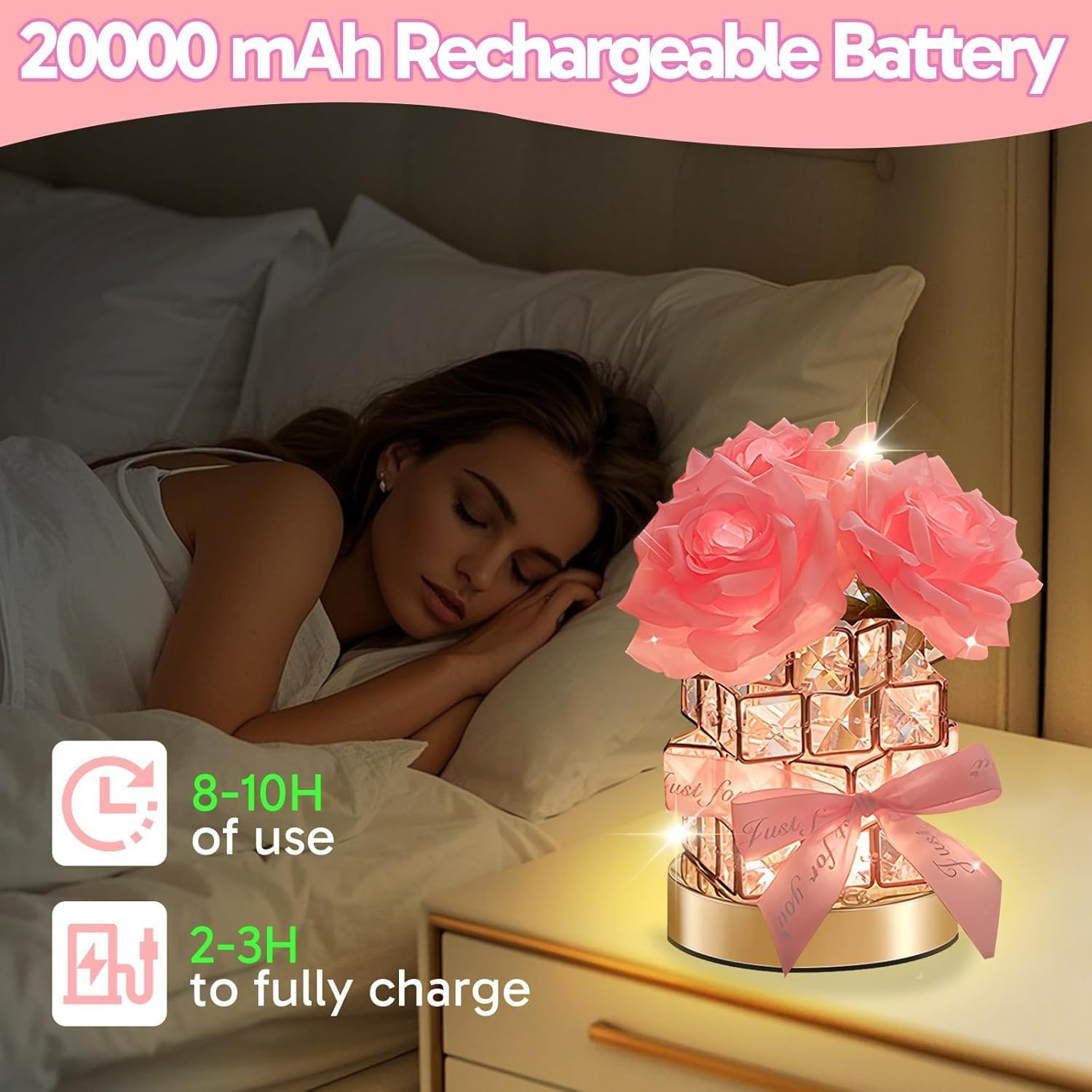 Crystal Table Lamp, Rechargeable Cordless Rose Light 3 Colors Dimmable Flower Lamp, Romantic LED Rose Diamond Lamp for Bedroom Pink Room Decor, for Valentine Birthday Christmas Thanksgiving (Pink) image number 5