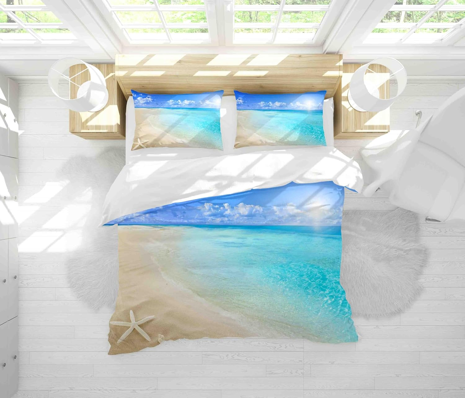 3D Blue Sea Beach Starfish Quilt Cover Set Bedding Set with Pillowcases, Single/Double/Queen/King Size (Double) image number 3