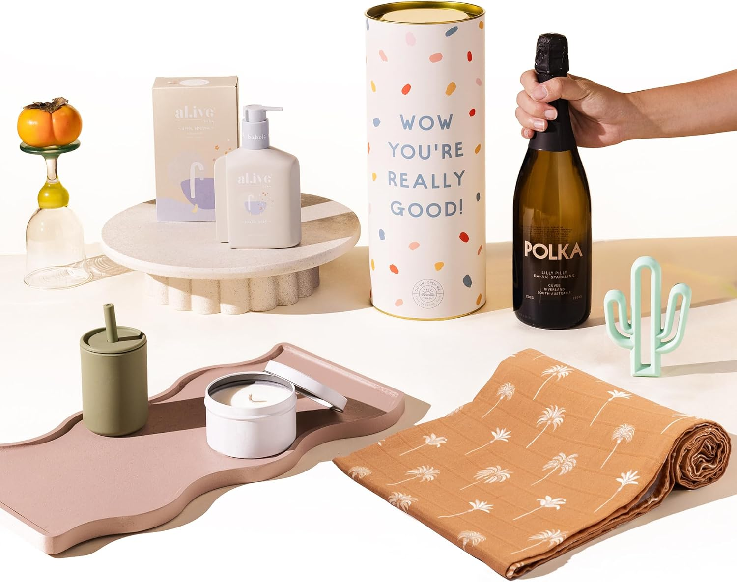 Luxury Baby & New Parent Hamper | Birthing Bernie Gift Box by Good Day People | Thoughtful Baby & New Parent Gift Set with Polka Non-Alc Sparkling, Baby Bubble Bath, Swaddle Wrap, Sippy Cup & Travel Candle &ndash; Baby Shower & Newborn Celebration Box image number 5