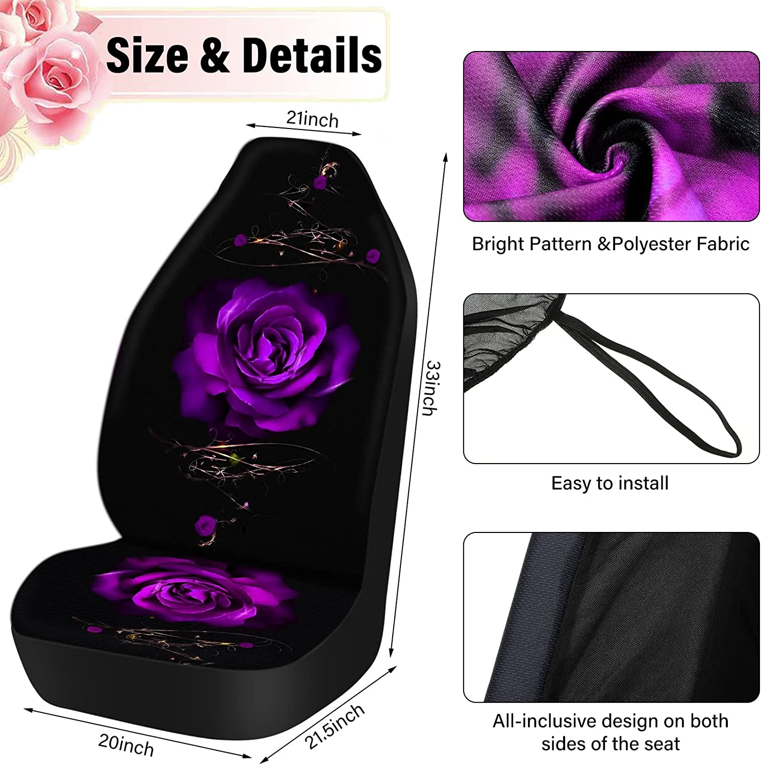15 Pcs Rose Art Flower Car Seat Covers Full Set for Women Rubber Steering Wheel Cover Armrest Cover Seatbelt Covers Polyester Fabric Front Seat Rear Backrest Cover Bottom Cover Universal (Purple) image number 6