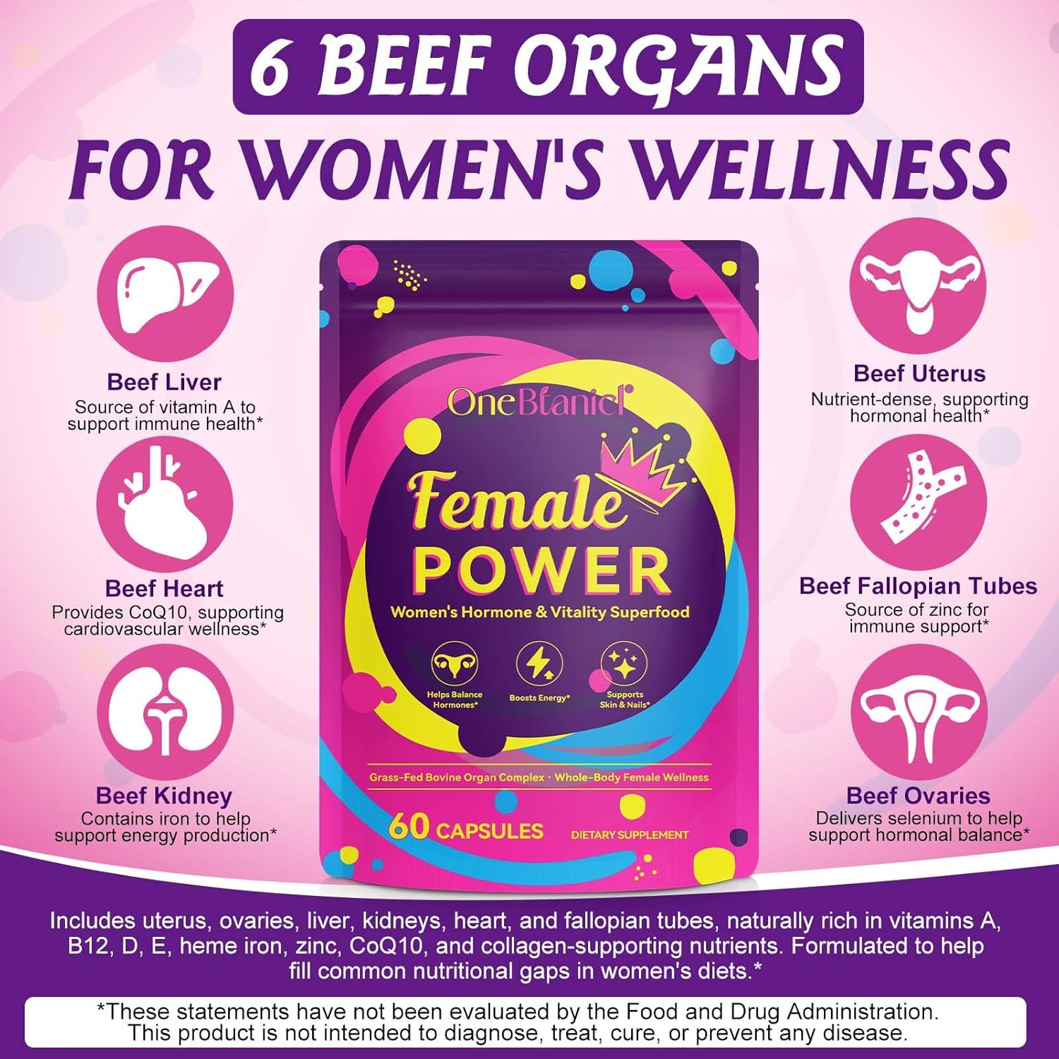 Female Power | Women&rsquo;S Vitality Superfood | Grass-Fed Bovine Organ Complex with Uterus, Ovaries, Liver, Kidney & Heart | Nutrient-Dense Whole Food Supplement | 60 Capsules image number 6