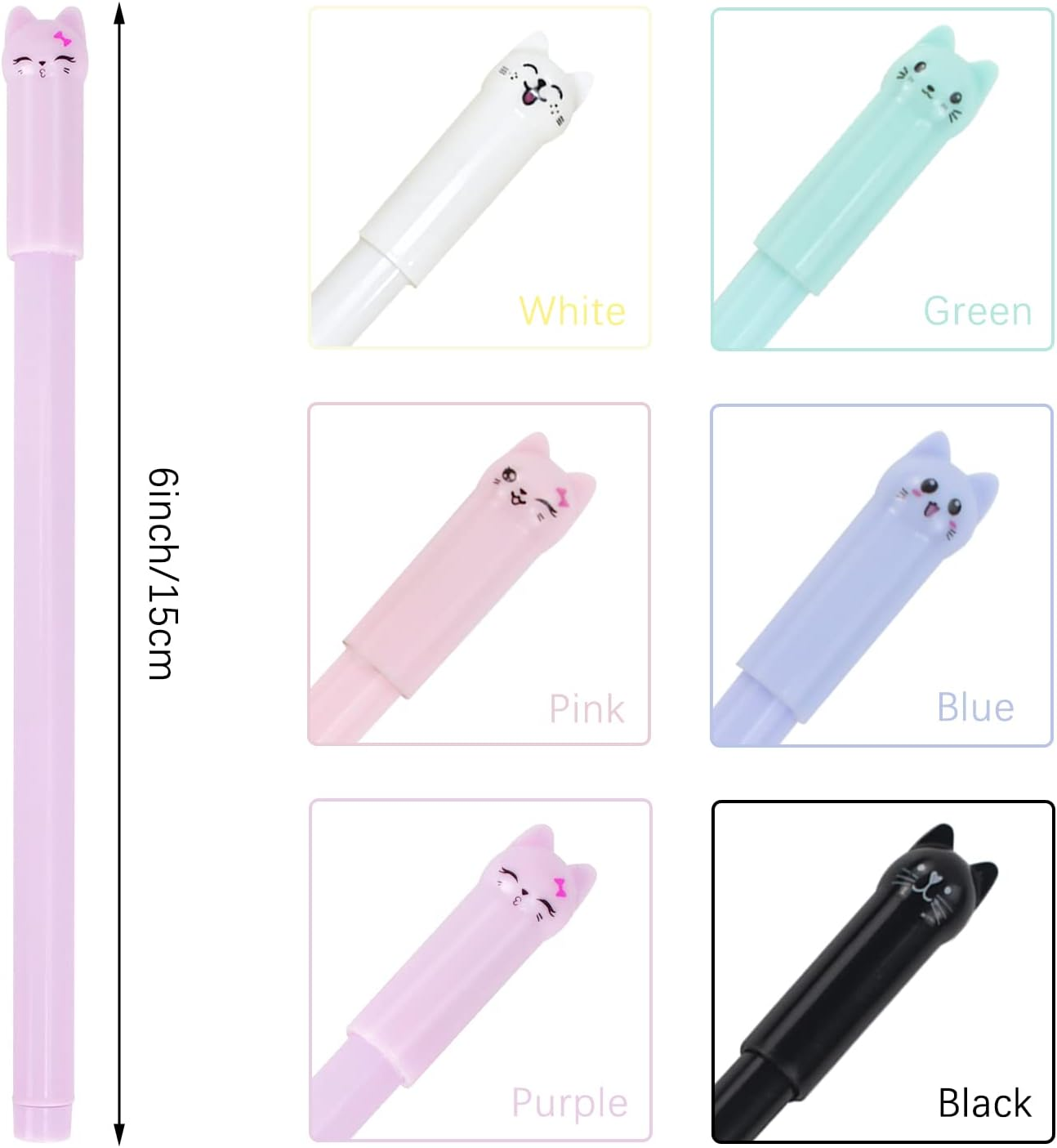 12PCS Kawaii Cat Pens, Cute Gel Ink Pens Animal Pens, 0.5Mm Smooth Black Fine Point Ball Point Pens for Kids Girl Boy Women School Office Supplies (6 Color Cat) image number 6
