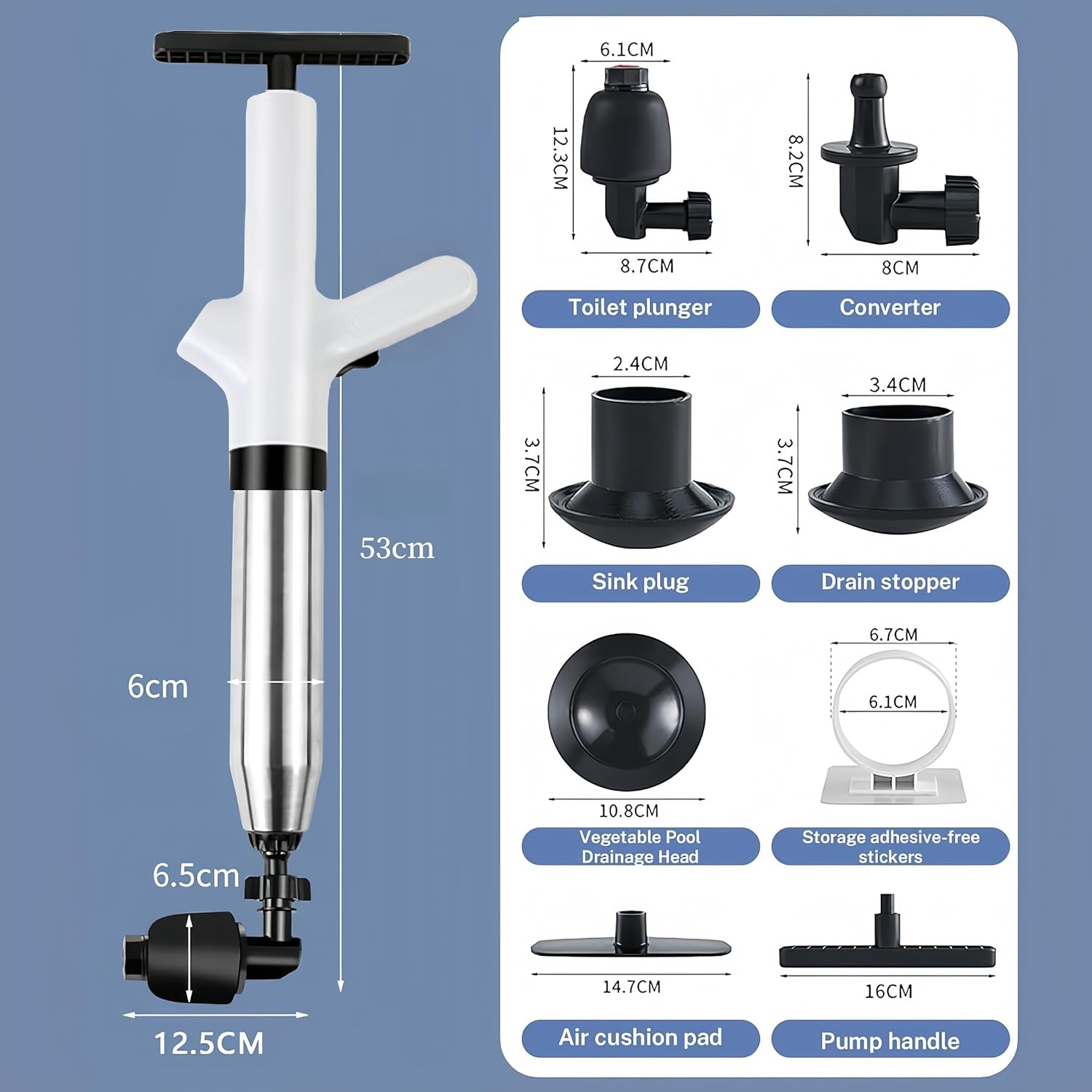Toilet Plunger, Drain Cleaner Pump, Compressed Air Pipe Cleaner Kit (4 Suction Adapters), Plunger Drain for Cleaning Toilets, Sink, Bathtub, Floor, Drain