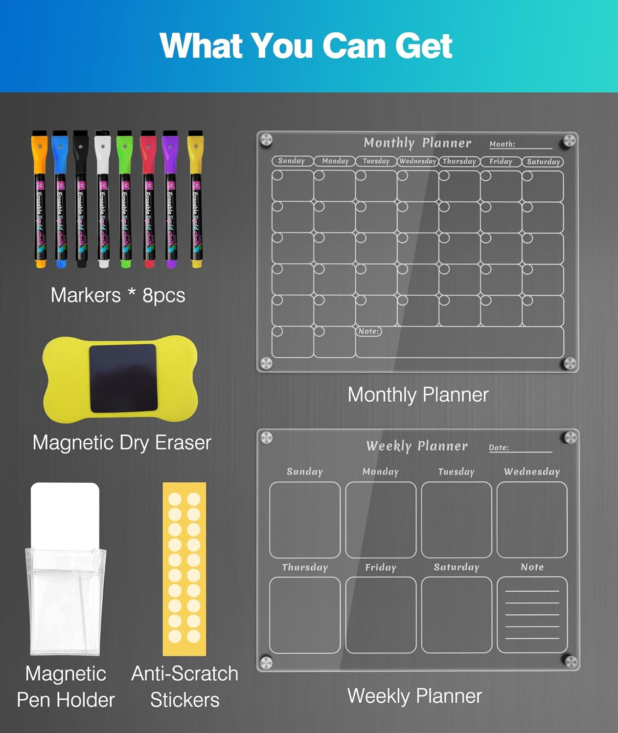 Joiyota Acrylic Magnetic Calendar for Fridge, 2-Pack Clear Dry Erase Monthly & Weekly Reusable Planner/Planning Board for Refrigerator, Includes 8 Markers, Pen Holder & Eraser, 30X40Cm, Popular in USA - Colorful Monthly  Weekly Planner image number 6
