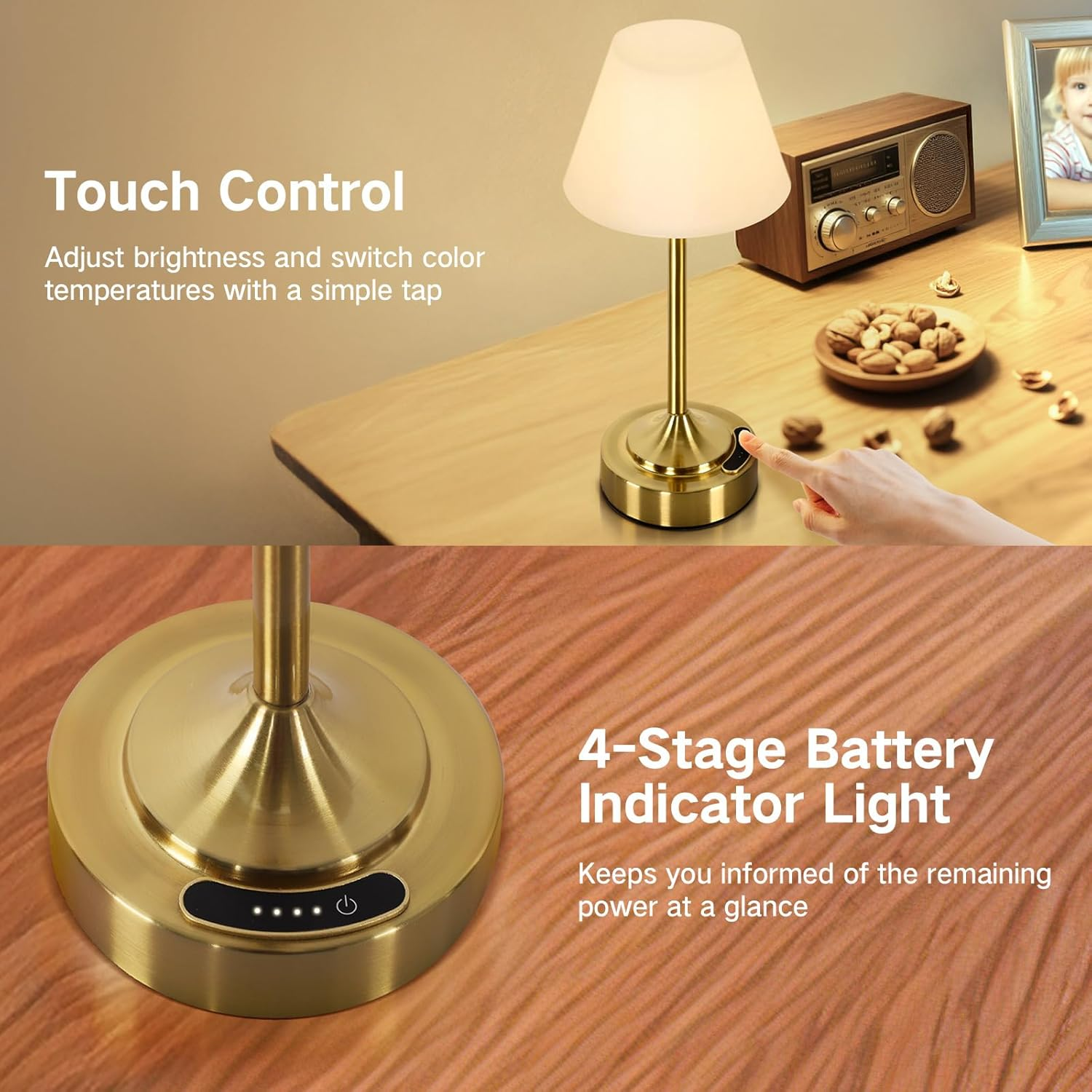 OUTON Rechargeable Cordless Table Lamp, 3 Color Temperatures & Stepless Touch Dimming, Battery Indicator & USB-C, Portable Waterproof Wireless Night Light for Bedroom, Bathroom, Dining, Patio (2Pack)