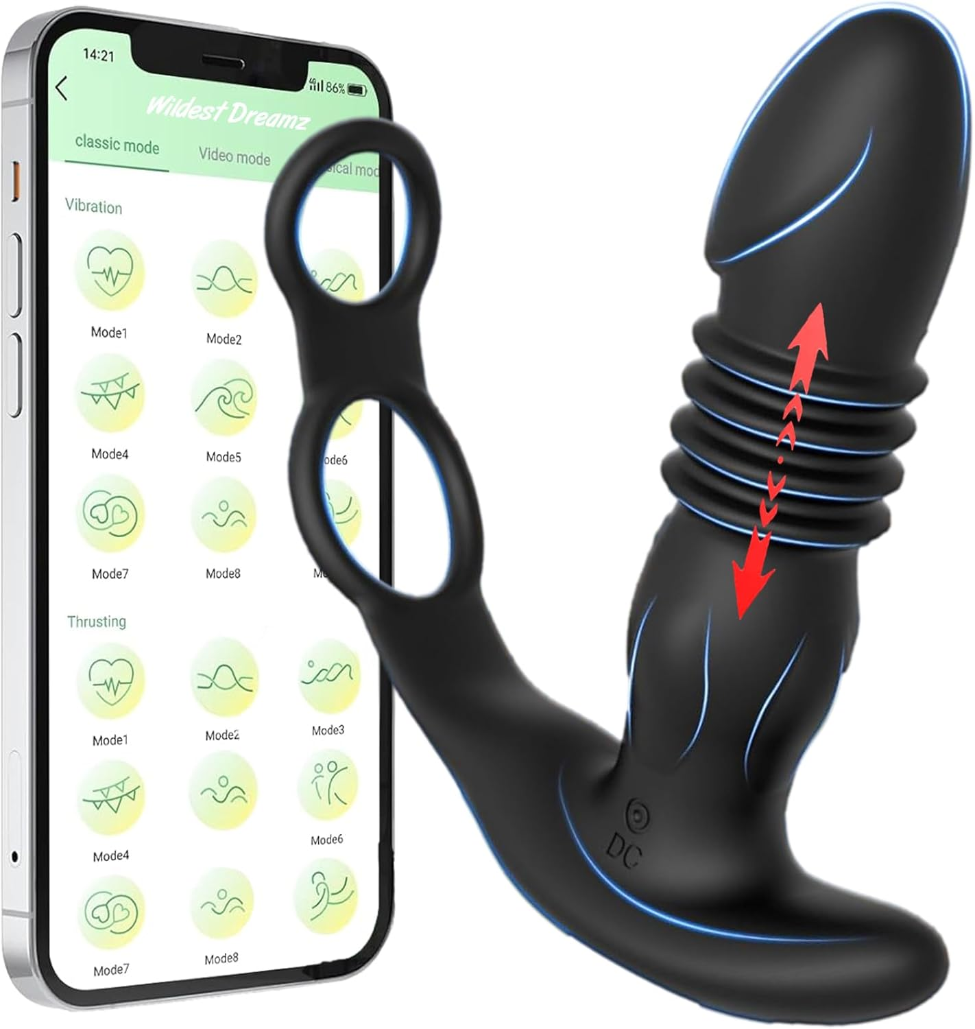 Thrusting Anal Vibrator Prostate Massager &ndash; Dual Cock & Scrotum Ring Anal Toy Butt Plug with Thrust & Vibration Modes, App Control Anal Male P Spot Telescopic Prostate Massager Dildo for G-Spot Men Couples Waterproof Adult Sex Toy image number 2