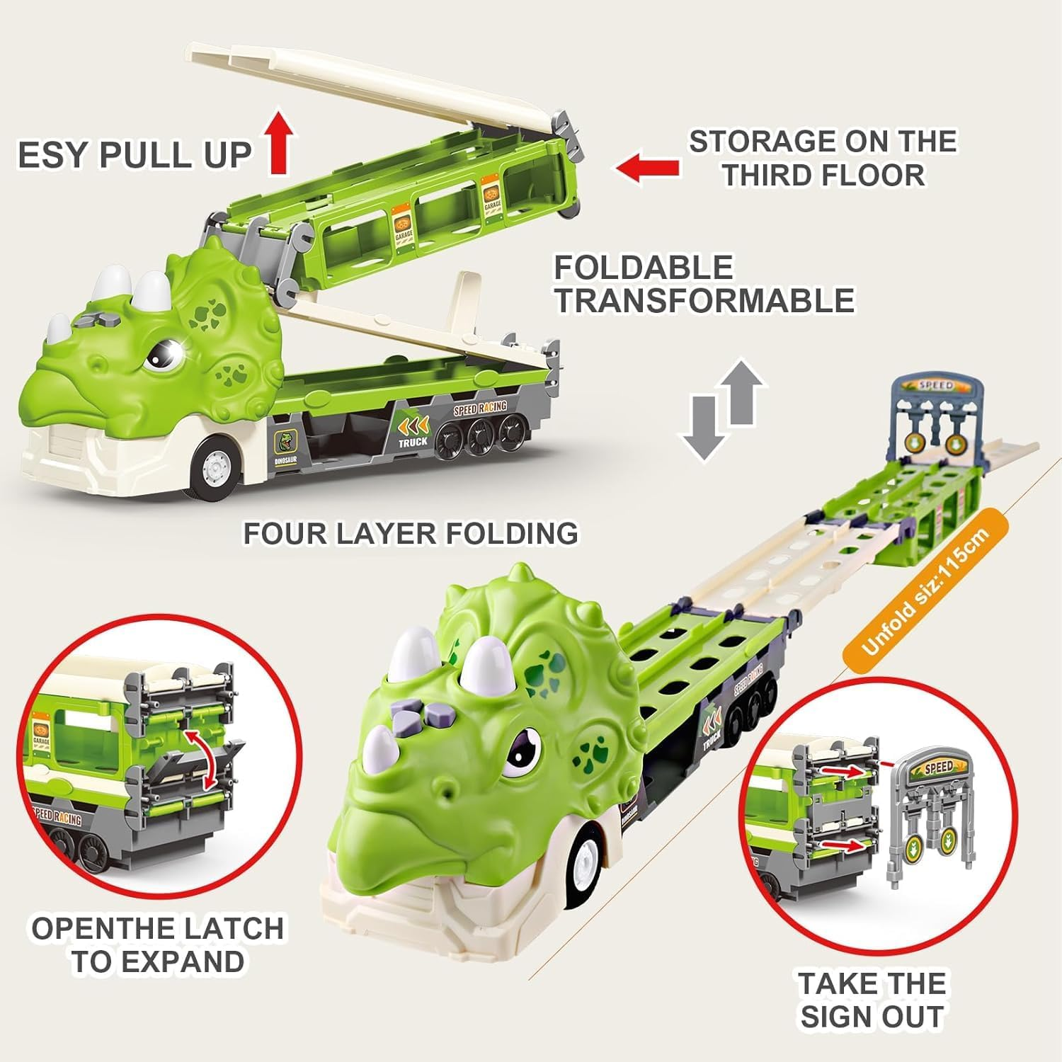 Dinosaur Hauler Truck with Ejection Race Track,1 Toy Triceratops Dinosaur Transport Carrier Truck with 6 Dinosaur Car Vehicles,Car Toys Playset with Lights Sounds,Kids Gifts image number 1