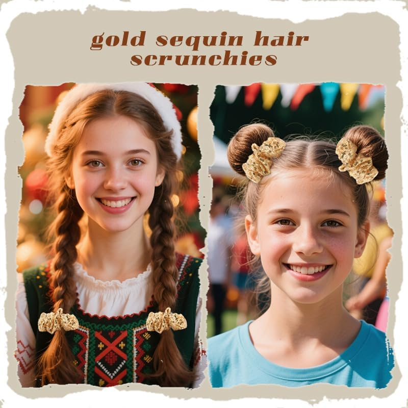 Gold Sequin Scrunchies for Girls Women Bling Elastic Hair Ties Bands Ropes Ponytail Holders for Christmas Party Hair Accessories Cheerleadering Hair Scrunchie Scrunchy 2 PCS image number 1