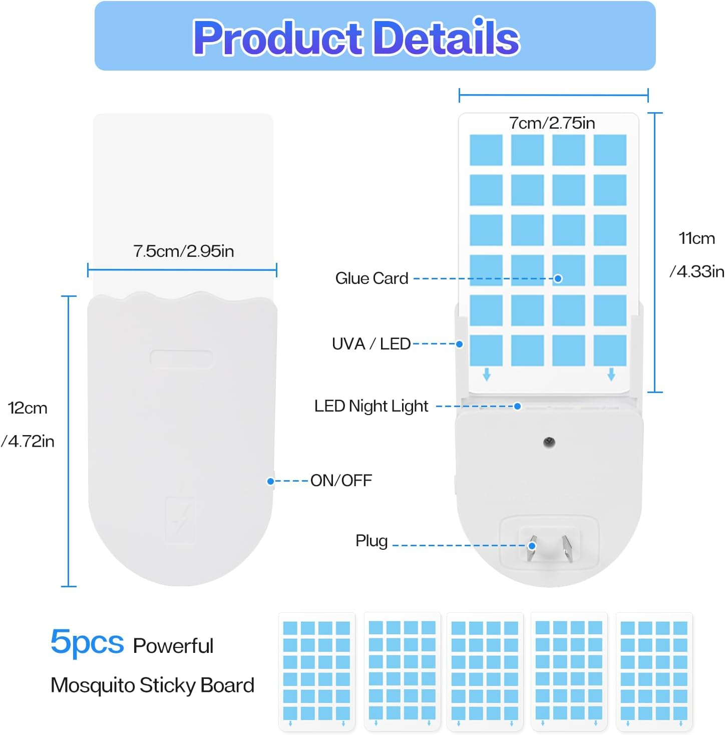 Necomi Flying Insect Trap, 2-In-1 Plug-In Mosquito Killer, with Nighttime UV Light Capture Flies, Adjustable Brightness, Suitable for Flies, Fruit Flies, and Moths, 1 Device + 5 Adhesive Cards (1PCS image number 4