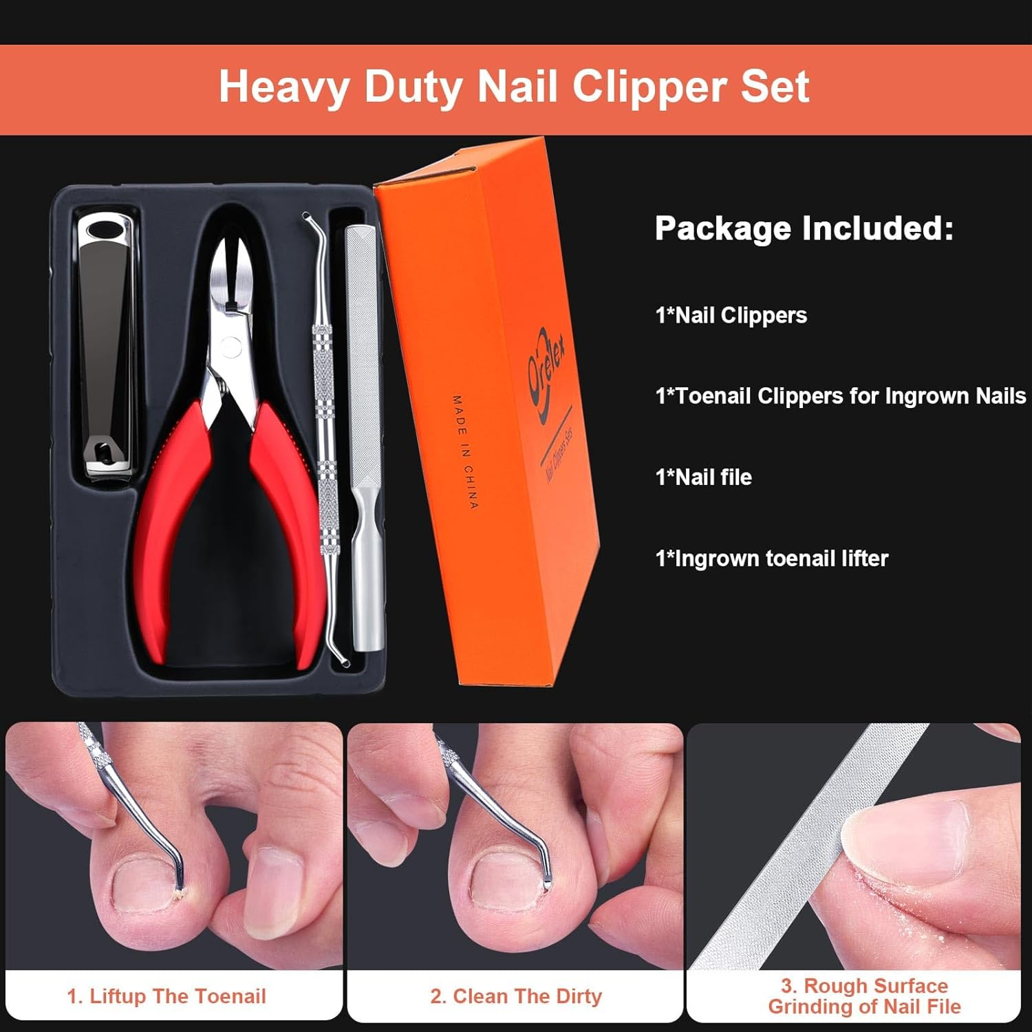 Orelex Nail Scissors, Nail Cutter for Ingrown and Curly Nails, Fingernail Clipper with Nail File, Ergonomic Comfort Grip, Professional Stainless Steel image number 1