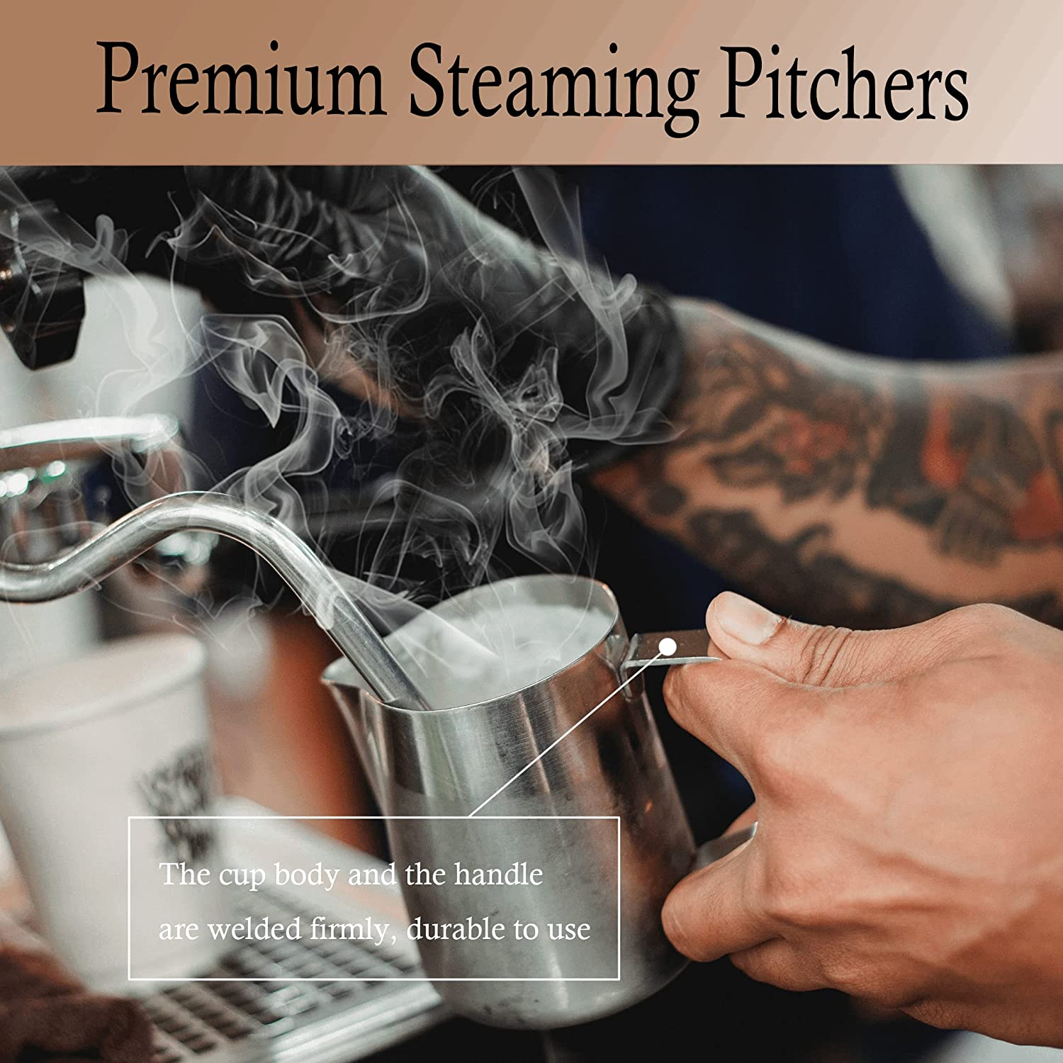 Yowamho Milk Frothing Pitcher,600Ml(20Oz) Quality Milk Jug Cup SUS304 Stainless Steel,Steaming Pitchers Frothing Jug Measurements inside for Milk Coffee Cappuccino Latte,Silver image number 2